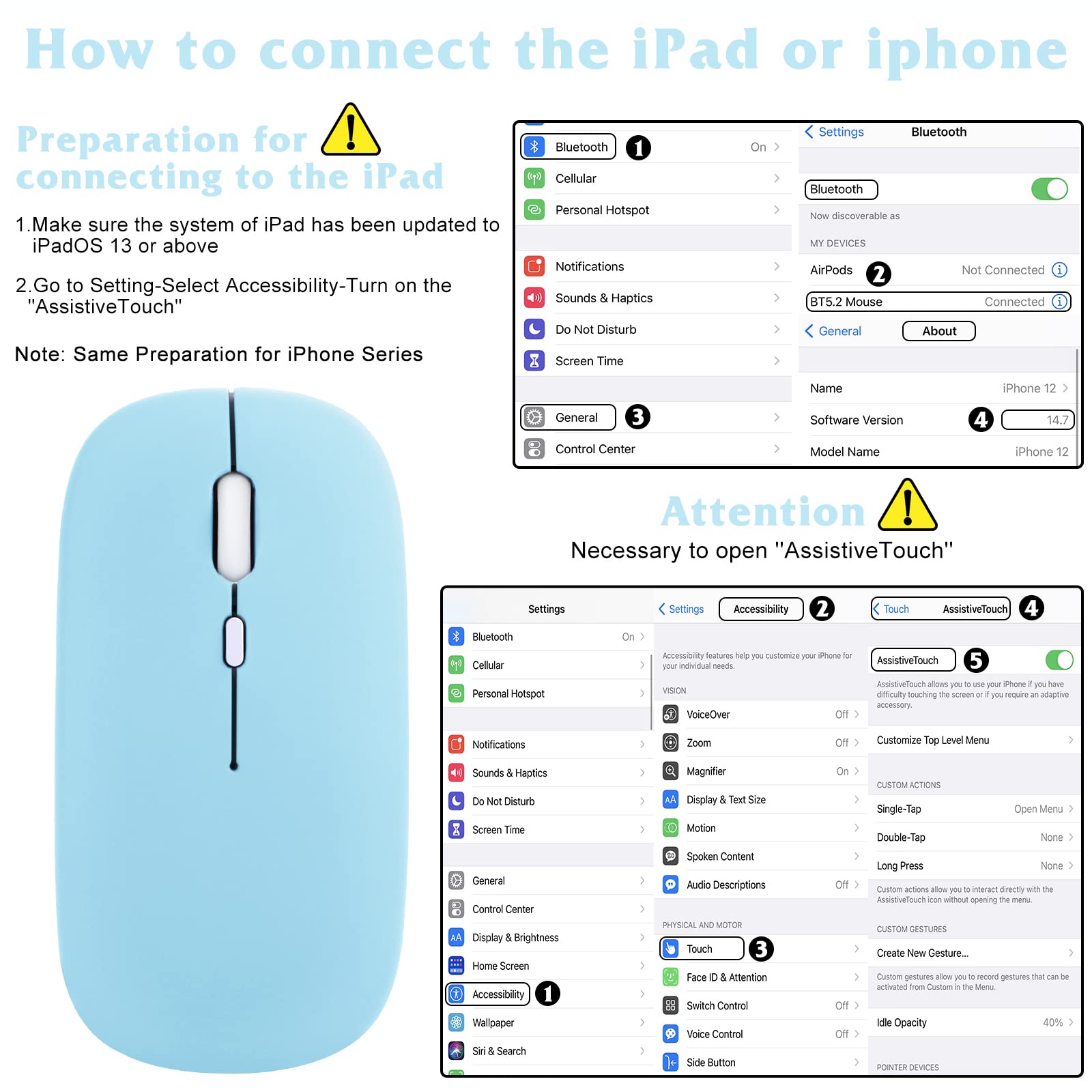 UrbanX 2.4GHz Bluetooth Wireless Mouse - Rechargeable Ergonomic Mouse for Laptop, PC, Mac, iPad Pro, Android Tablets (Sky Blue) | Perfect for Office Work, Gaming & Travel