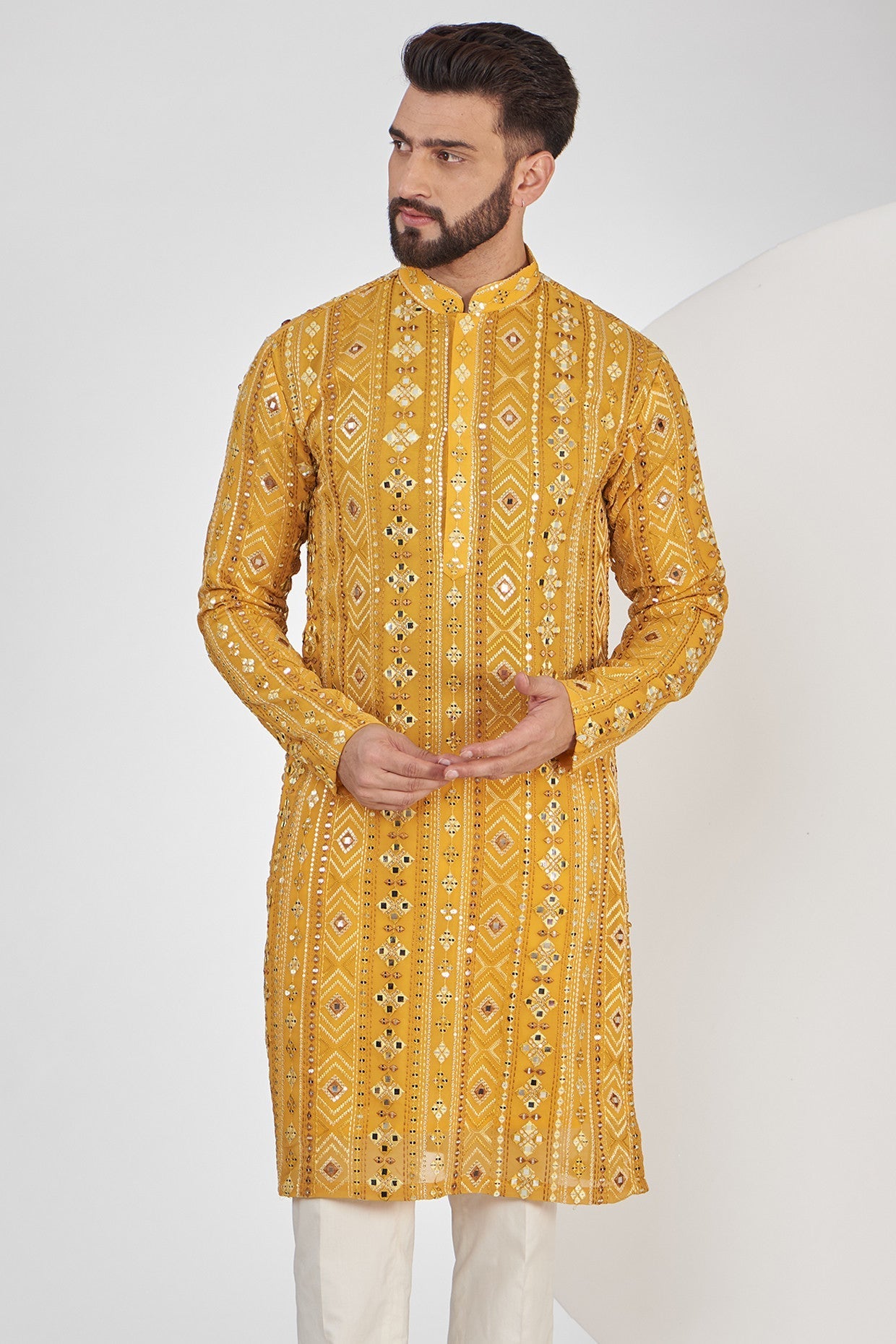 Mustard Mirror Work Kurta - Embroidered Indian Ethnic Tunic for Women | Perfect for Festivals, Weddings & Casual Wear