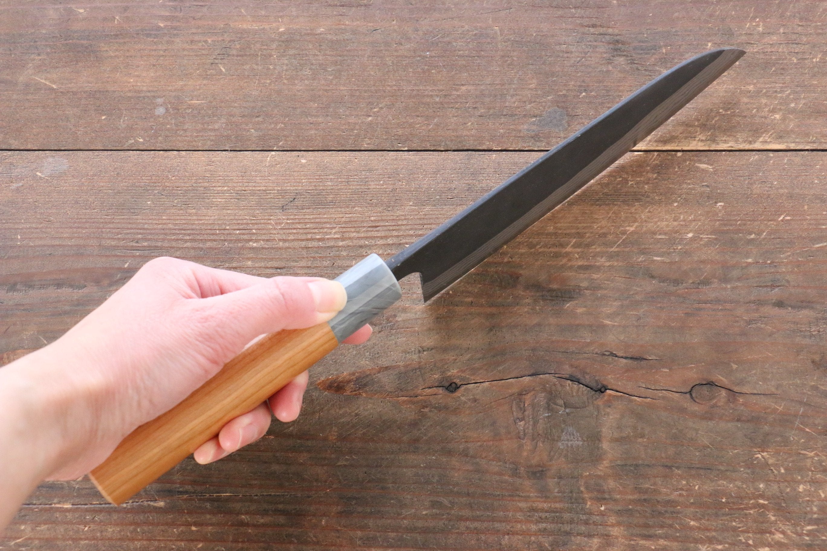 Premium Nao Yamamoto White Steel No.2 Kurouchi Damascus Santoku Knife 170mm with American Cherry Wood Handle - Perfect for Slicing, Dicing & Chopping Vegetables in Professional & Home Kitchens