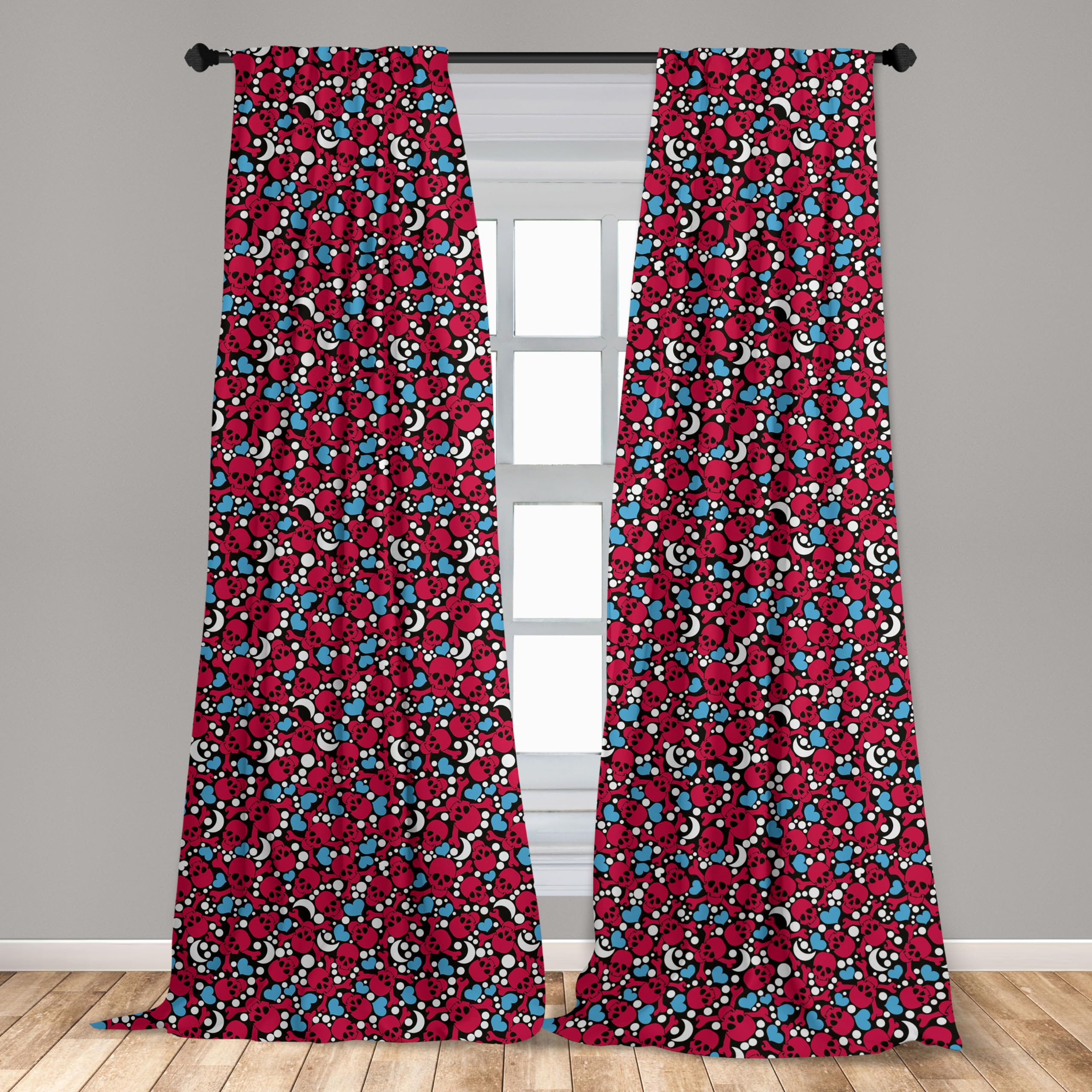 Ambesonne Gothic Skull Curtains - Black & Red Smiling Skulls with Hearts, Moons & Dots Print - 2 Panel Window Treatments (28x63 inches) for Living Room & Bedroom - Perfect for Halloween Decor, Horror Theme Rooms & Gothic Home Decor