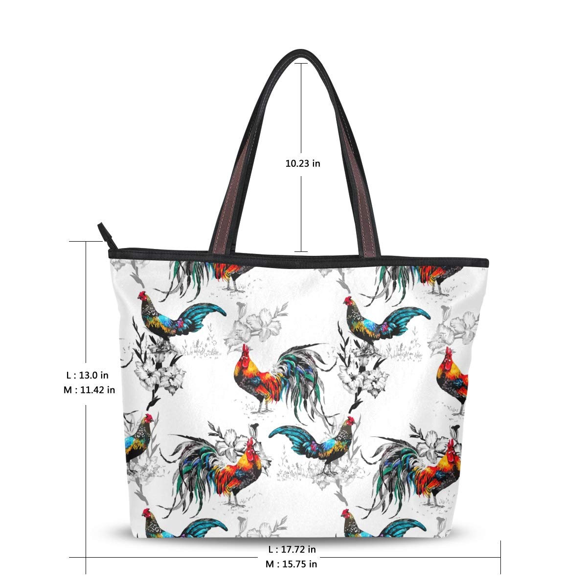 Stylish Women's Tote Bag with Top Handle & Shoulder Strap - Large Rooster Floral Print Zip Closure Handbag for Work, Travel & Shopping