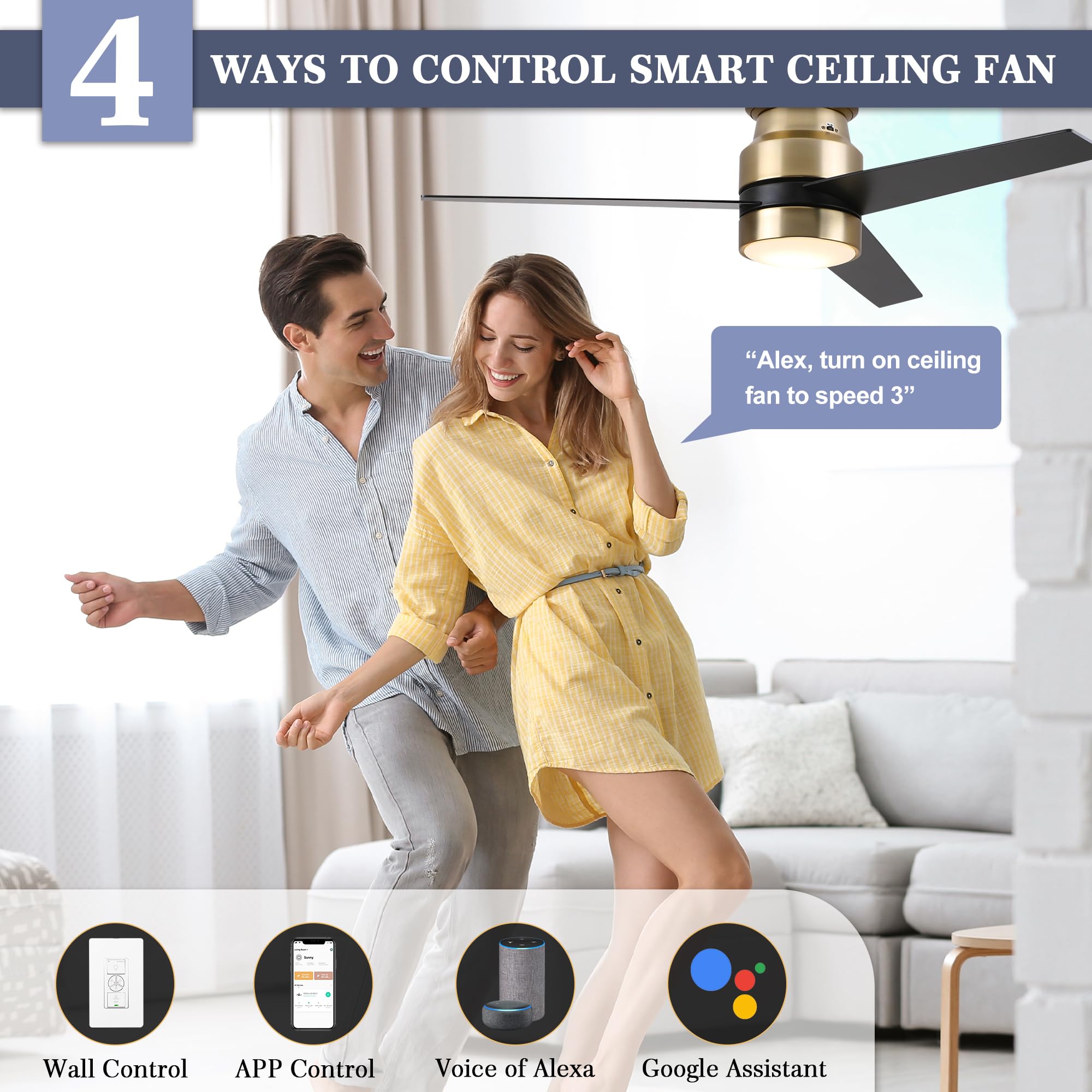 52 Inch Smart Ceiling Fan with LED Light - Alexa/Google Assistant/Siri Compatible, Reversible Motor, Timer Function - Perfect for Bedroom, Living Room & Office - Requires Ground/Neutral/Live Wire (No Remote Included)