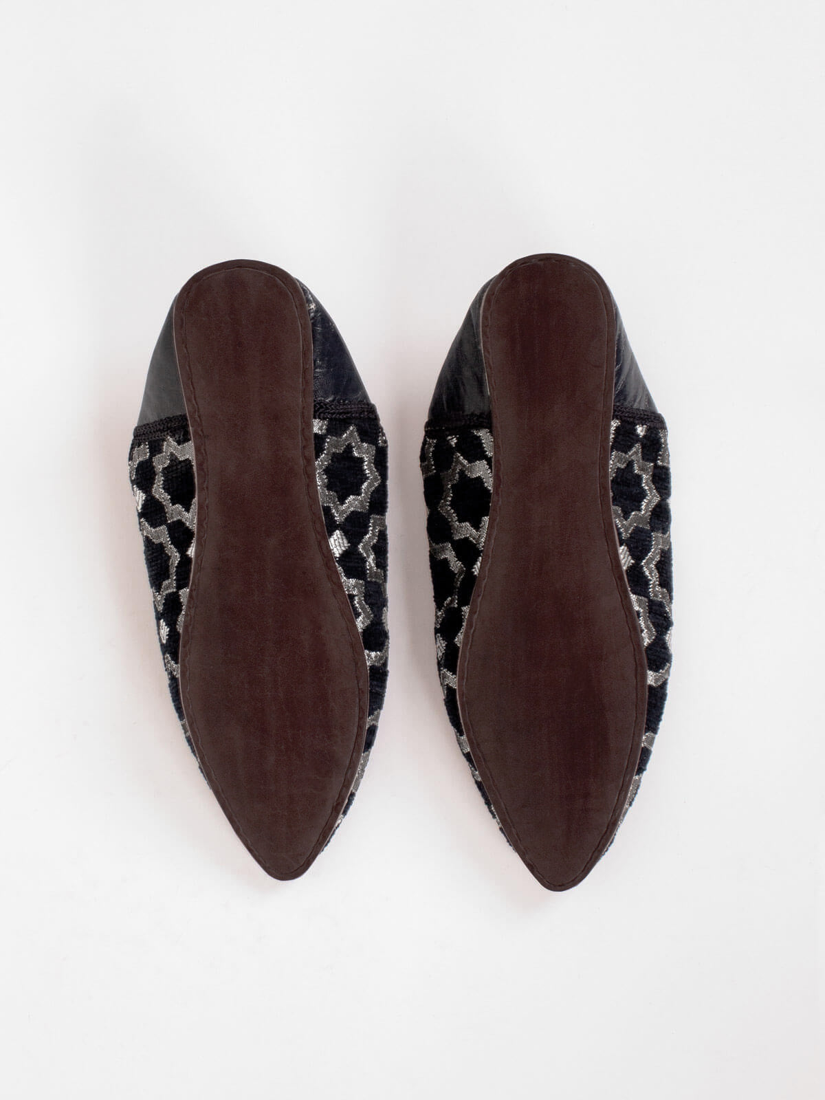 Moroccan Star Brocade Pointed Babouche Slippers - Black | Handmade Leather House Shoes for Women & Men | Perfect for Home, Lounge & Cultural Events