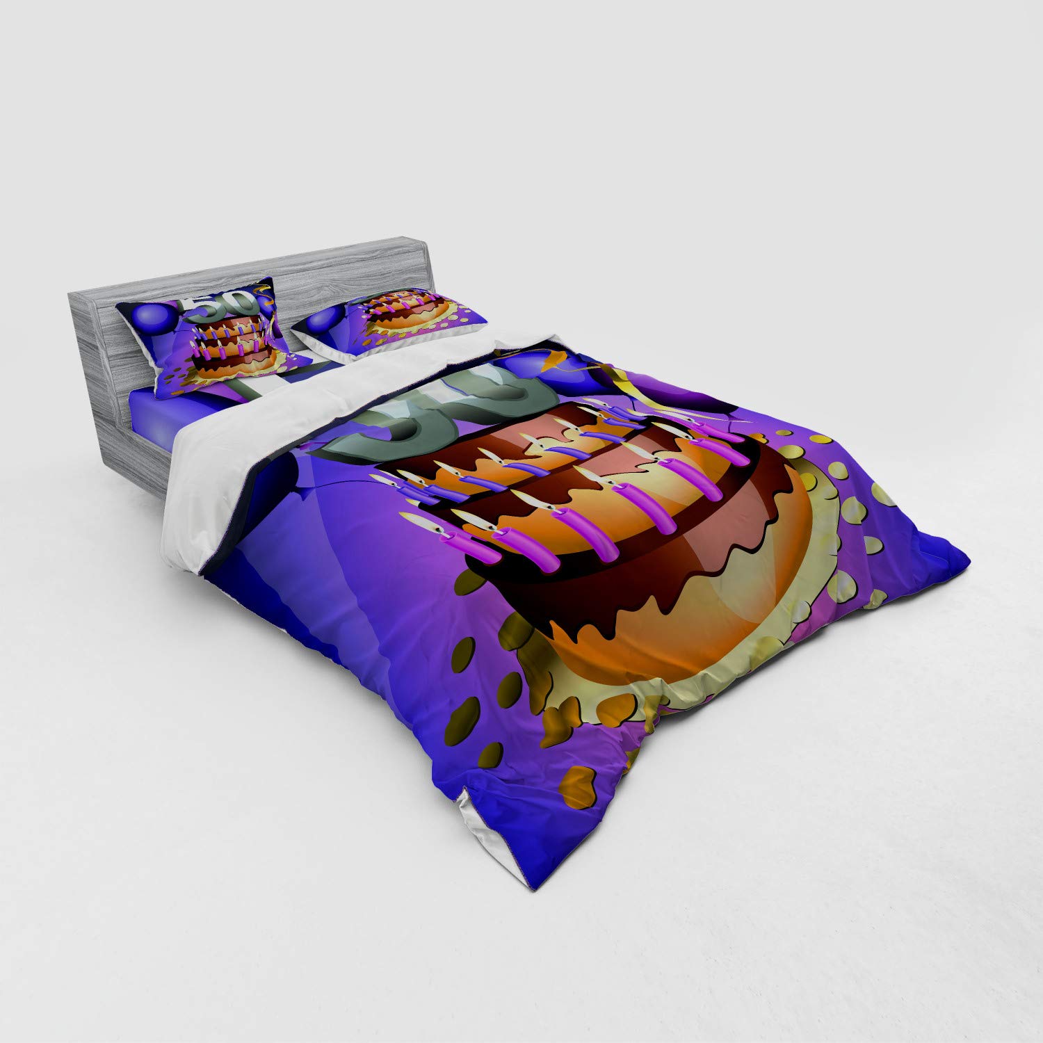 Ambesonne 50th Birthday Duvet Cover Set - Queen Size 4-Piece Bedding with Shams & Fitted Sheet | Vibrant Cake, Candles & Balloons Design | Perfect for Birthday Parties, Guest Rooms & Gift Giving
