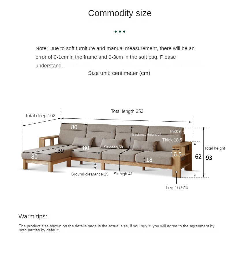 Premium Oak Solid Wood Sectional Sofa Set - Modern L-Shaped Couch with Storage for Living Room, Lounge & Family Room - Durable Hardwood Furniture for Home Decor