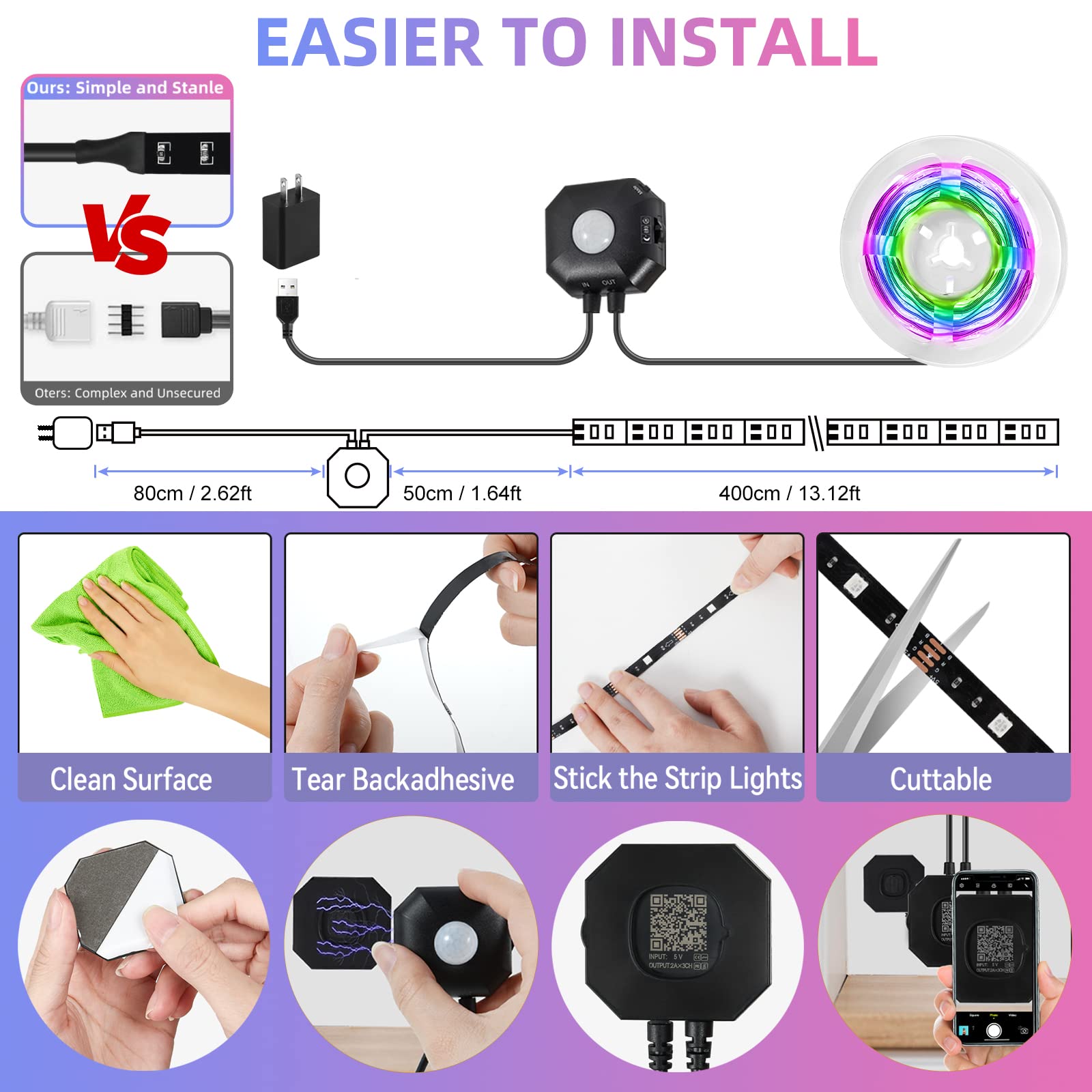 Motion Sensor Under Bed Lights - 2x13.12ft RGB LED Strip Lights with Constant On, Motion Activated & Light Sensing (3 Modes), App & 2.4G Remote Control, USB Music Sync - Perfect for Bedroom, Cabinet, Closet, Stairs & Home Decor Lighting
