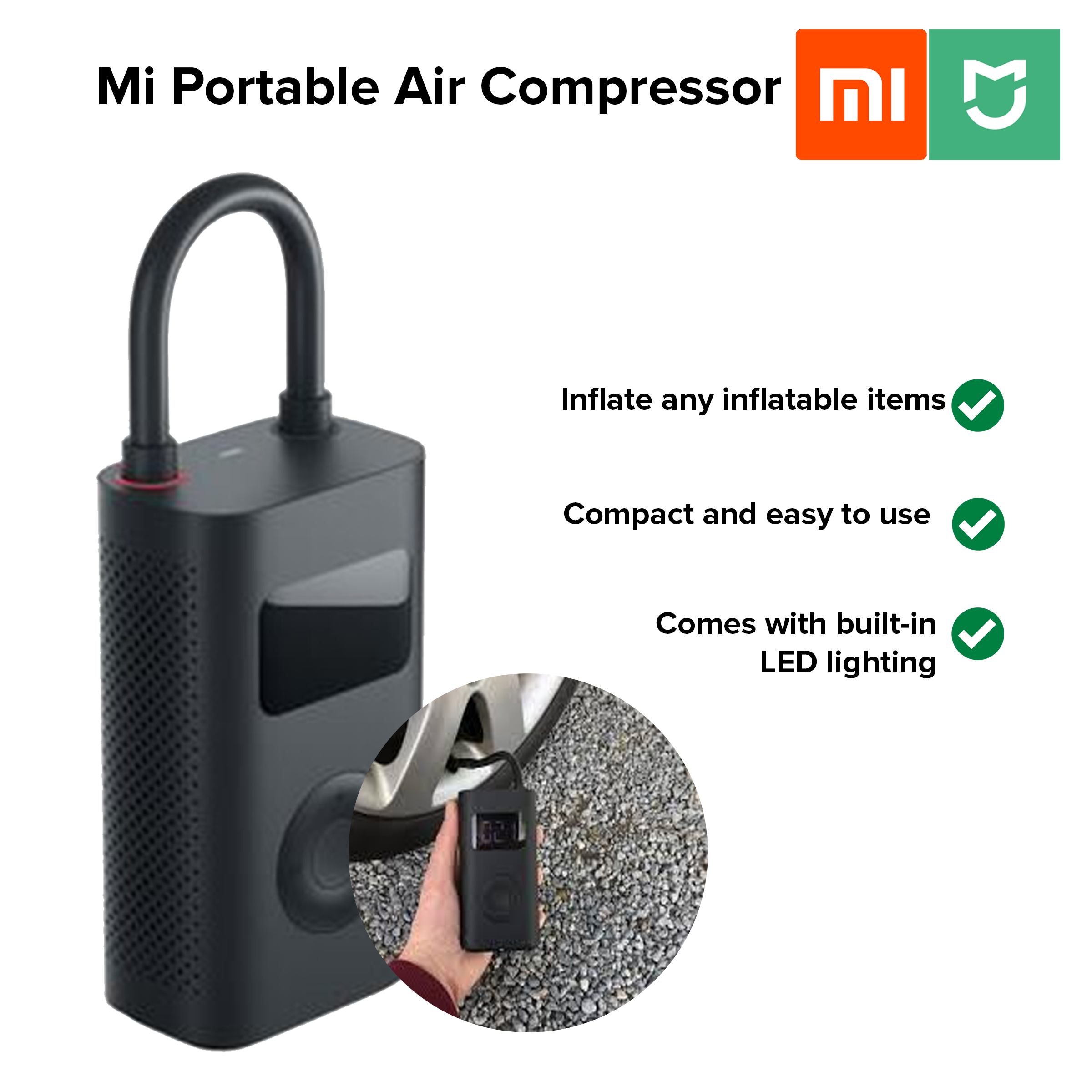 Xiaomi Portable Electric Air Pump with Digital Tire Pressure Display - Fast Inflation for Cars, Bikes, Balls & Inflatables | Camping, Travel & Emergency Use