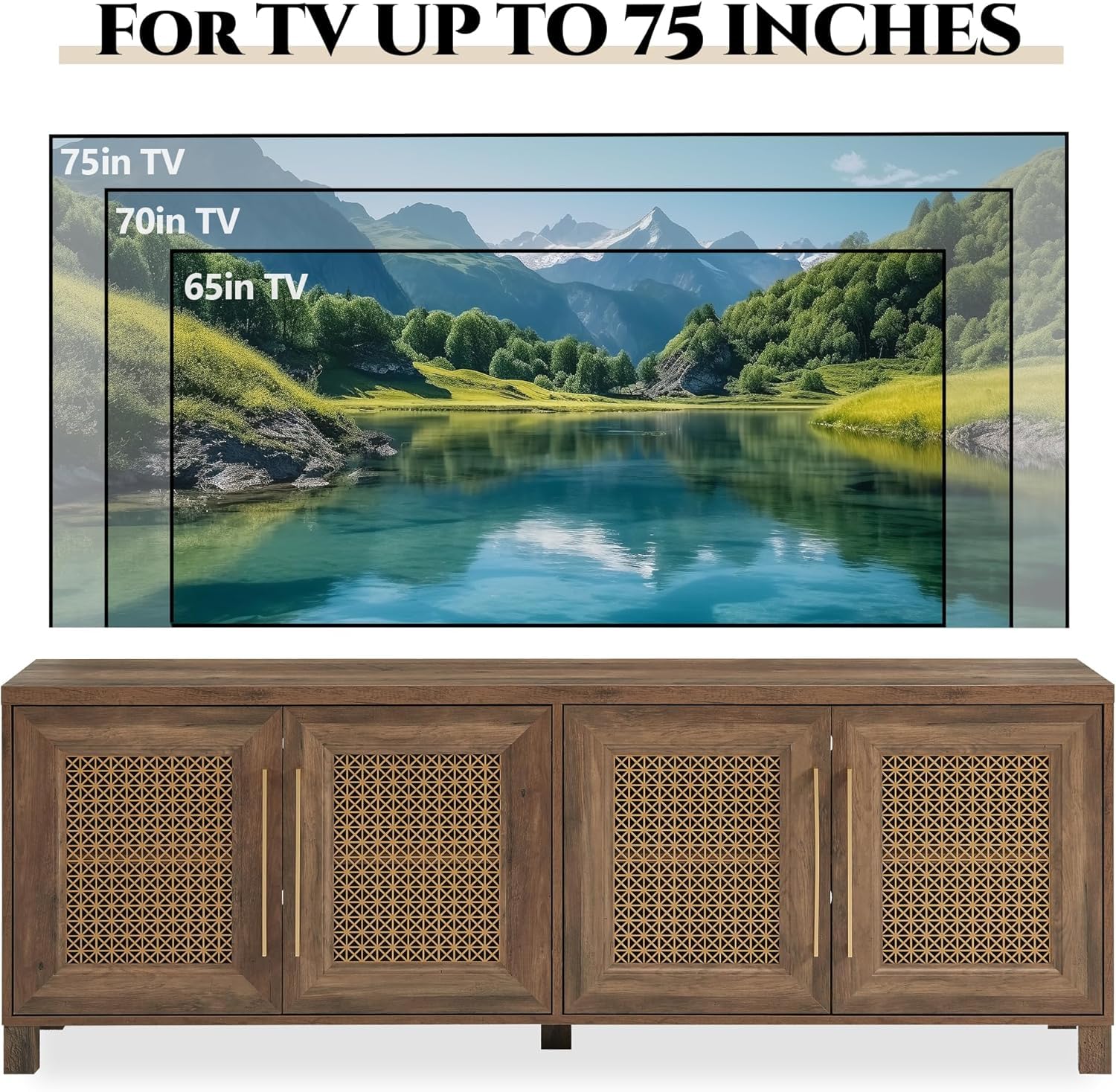Mid Century Modern TV Stand for 75 Inch TVs - Rustic Boho Entertainment Center with Gold Metal Mesh Doors & Storage Cabinets, 69.5