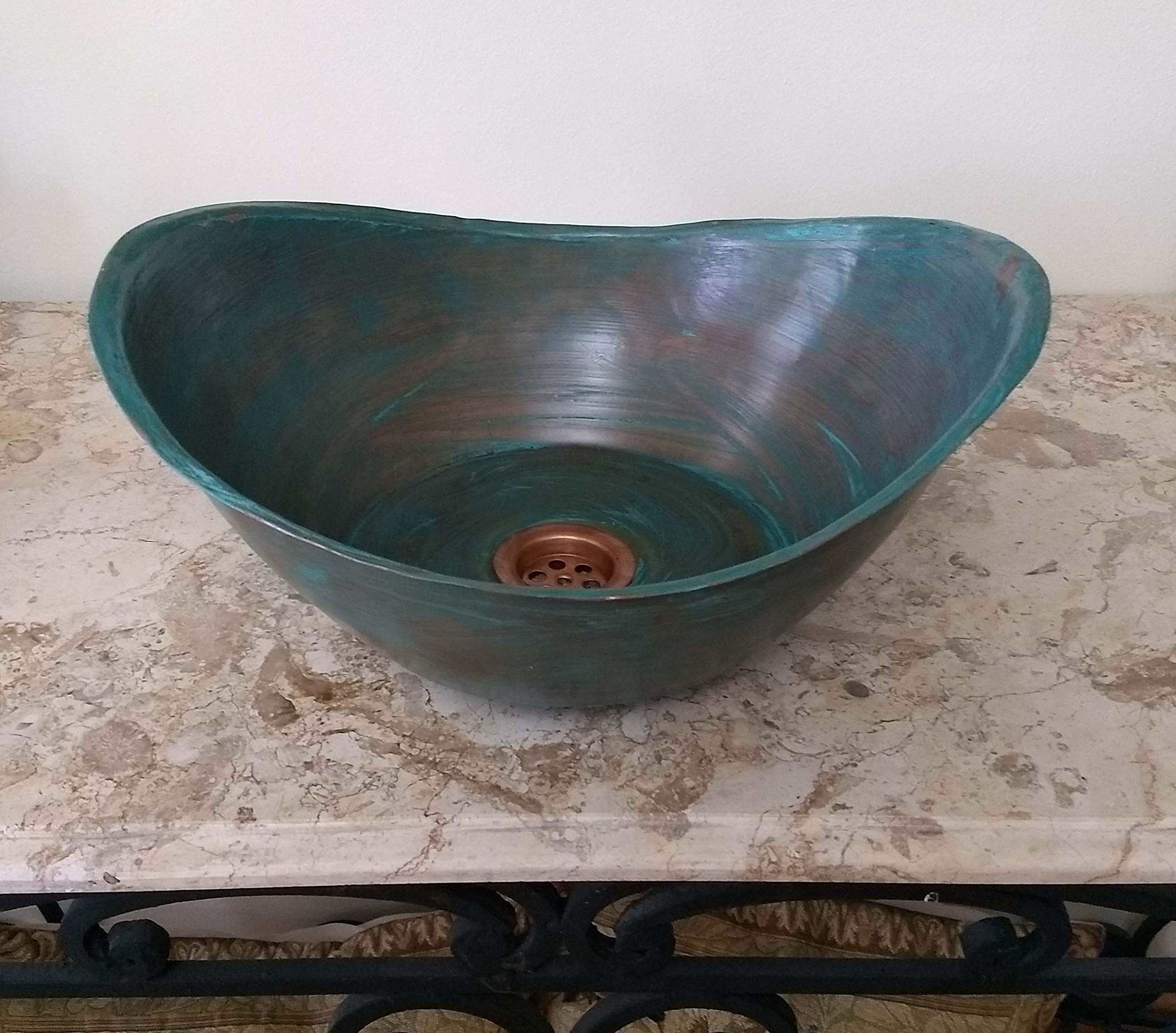 Antique Copper Sink Bowl - Rustic Aged Vessel Bathtub for Bathroom Remodel, Above Counter Washbasin with Satin Green Finish | Perfect for Farmhouse, Vintage & Industrial Style Home Renovations