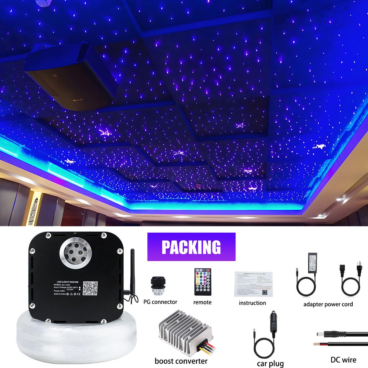 AZIMOM 50W High Brightness Twinkle Fiber Optic Star Ceiling Kit - 1000pcs 0.03in 16.5ft Fiber Strands with Sound Activation & Bluetooth/APP Remote Control - Perfect for Home Theater, Shop Lobby, and Ceiling Decor