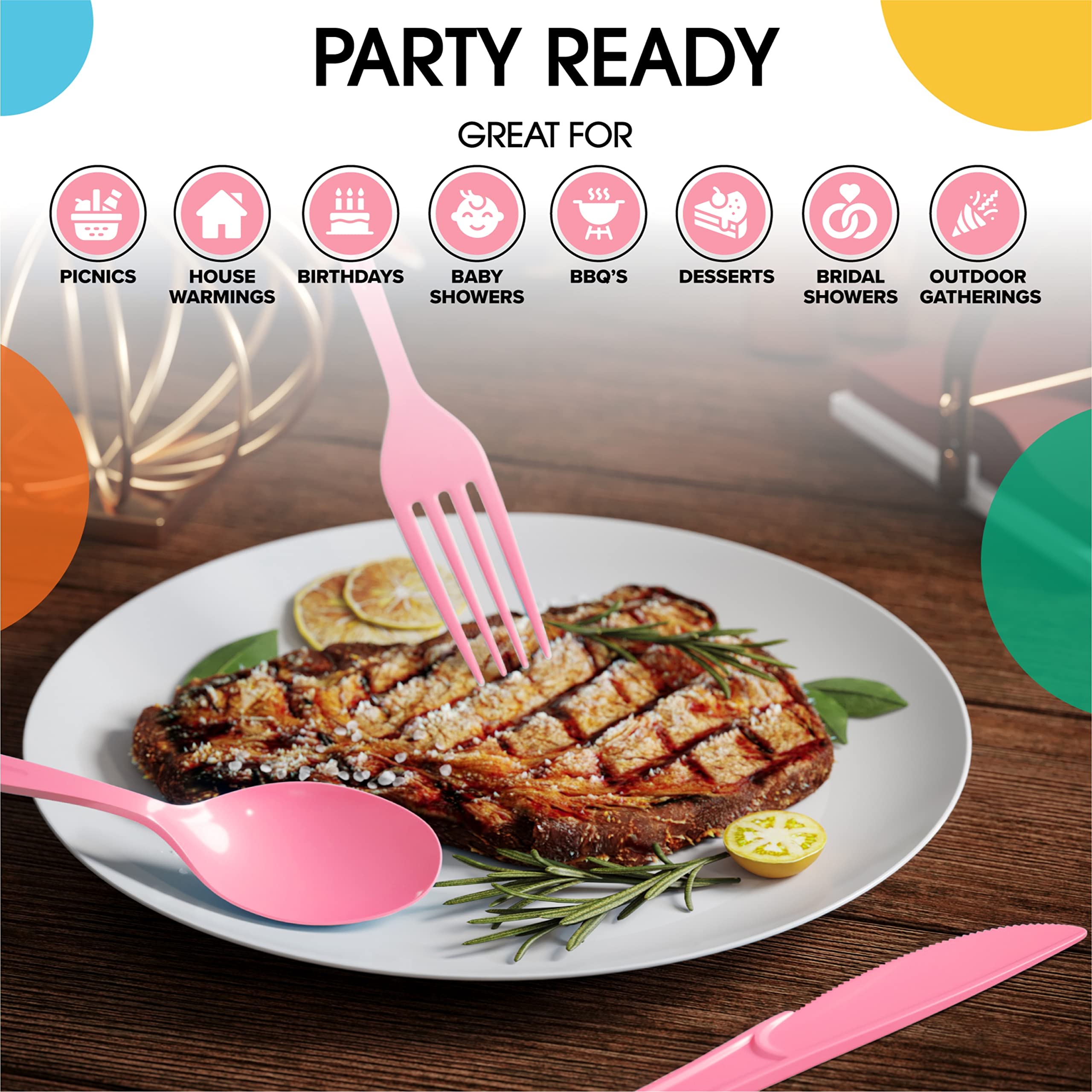 100-Pack Heavy Duty Disposable Pink Plastic Knives - Durable Cutlery Set for Parties, Picnics, BBQs & Catering Events - Bulk Flatware Utensils for Wedding, Birthday & Holiday Tableware Supplies