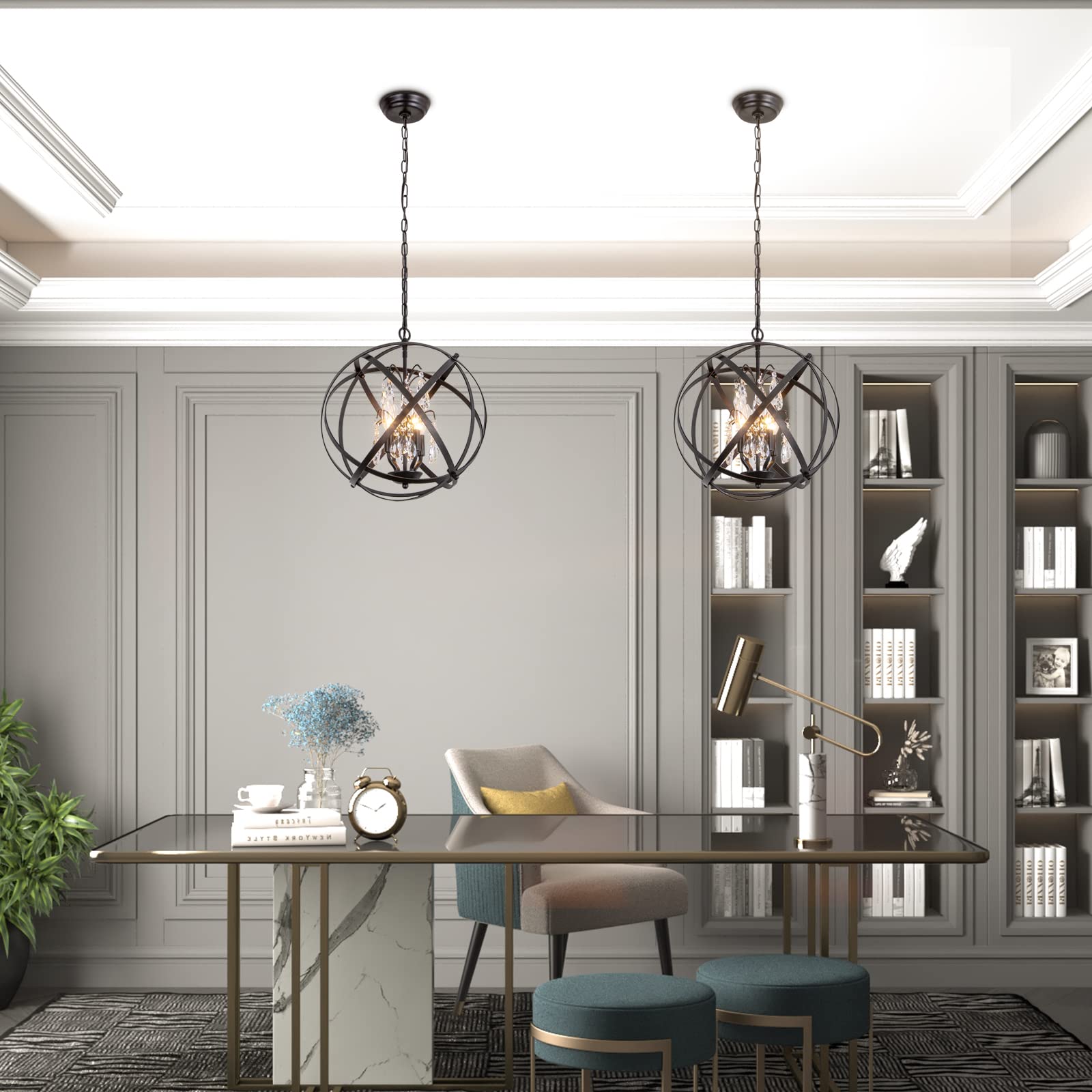 Maxax 4-Light Modern Farmhouse Chandelier - Adjustable Black Metal Cage Pendant Light with Crystal Globe Shades for Kitchen, Dining Room, Living Room, Entryway | Perfect for Rustic, Industrial & Contemporary Home Decor