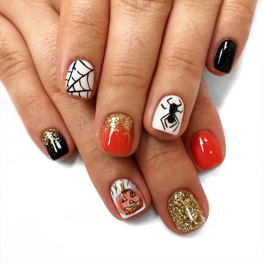 24pcs Halloween Press On Nails - Short Square Fake Nails with Pumpkin & Spider Design, Gold Glitter Acrylic Full Cover False Nails for Women | Perfect for Halloween Parties, Costume Events & Spooky Nail Art