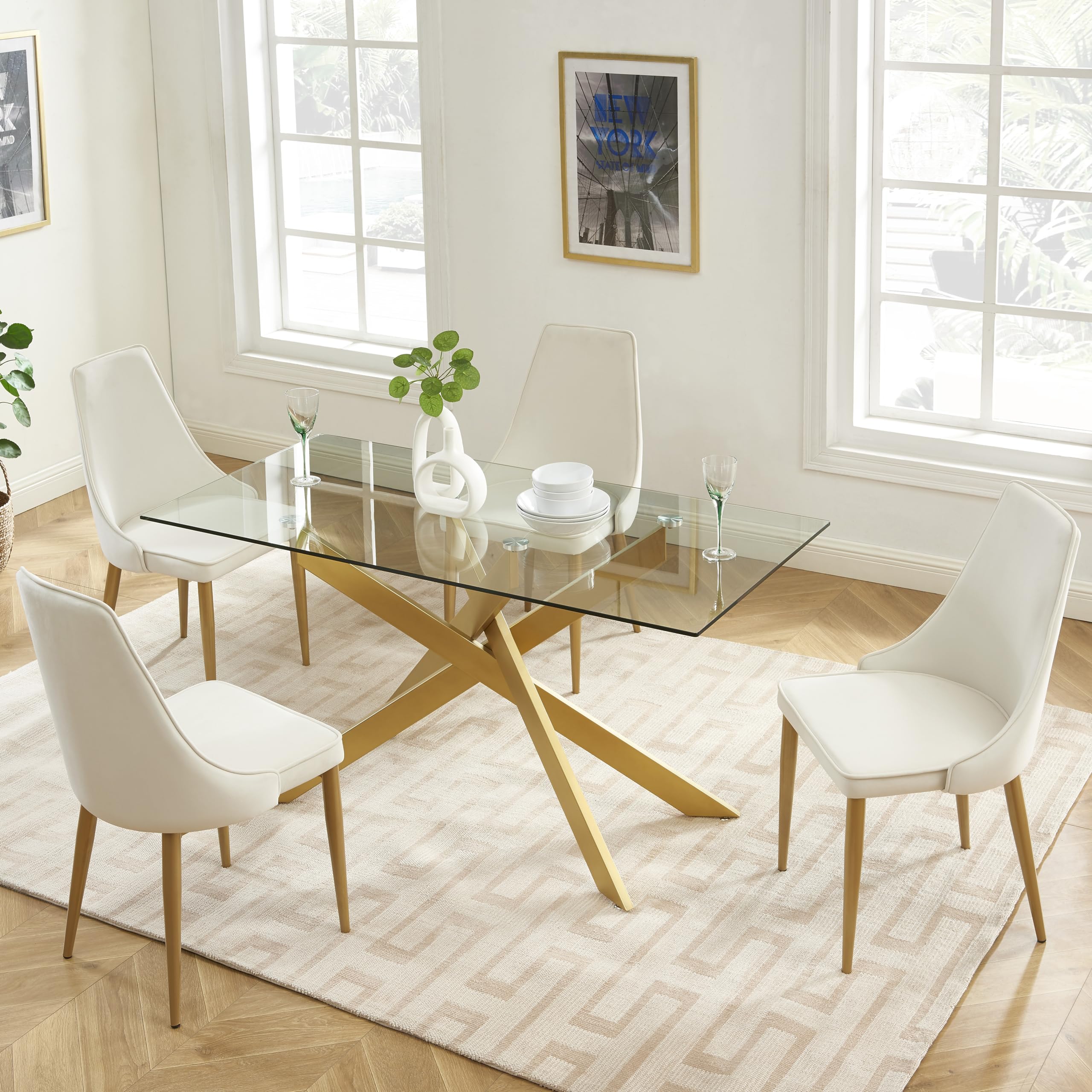 58.5 Inch Modern Rectangular Glass Dining Table - Tempered Glass Top with Gold Metal Tubular Legs - Perfect for Kitchen, Dining Room & Small Spaces (58.5