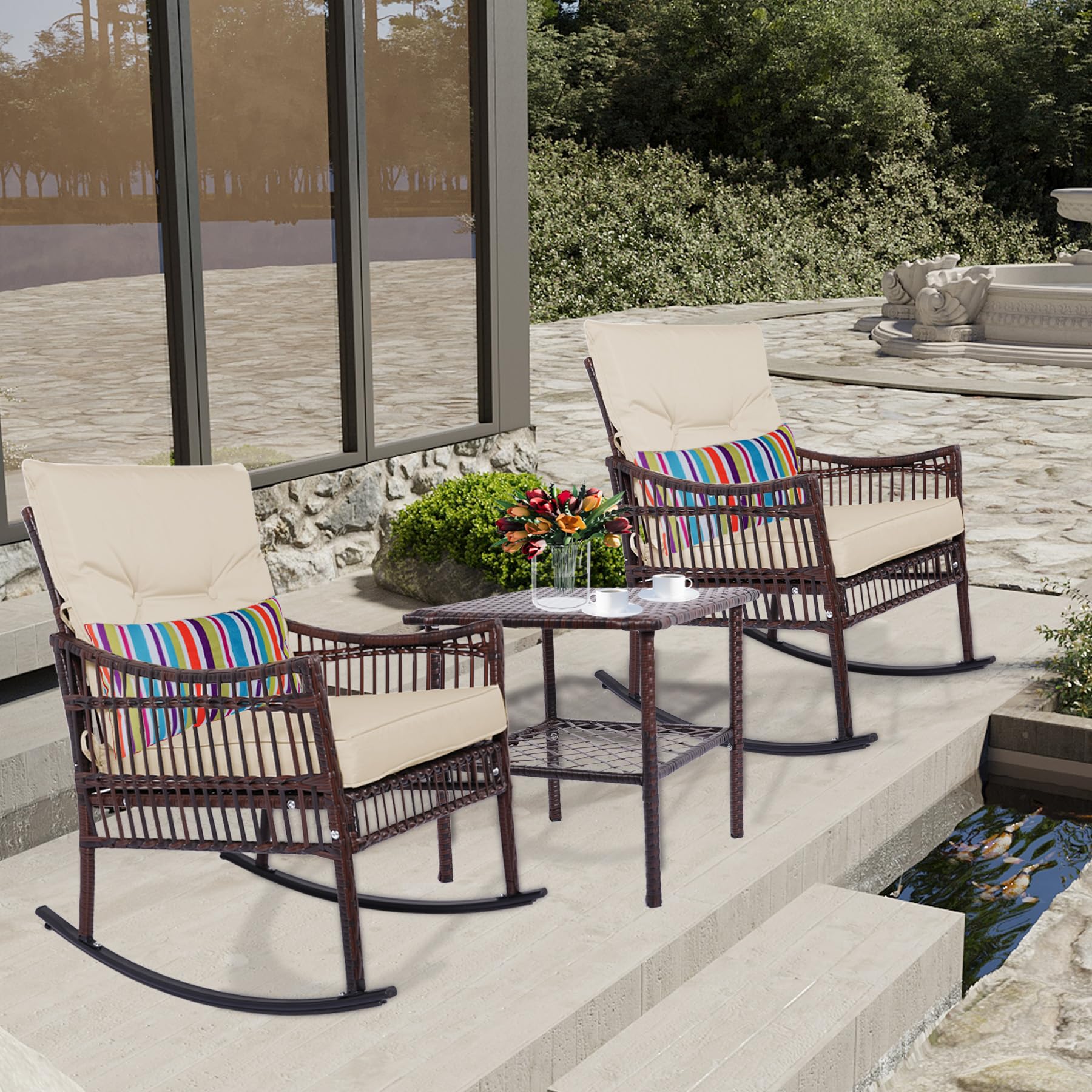 DECMICO 3-Piece Outdoor Patio Furniture Set - Wicker Rocking Chairs with Coffee Table, Rattan Bistro Set for Garden, Balcony, and Backyard - Brown Beige Cushion - Perfect for Relaxing, Entertaining, and Outdoor Dining