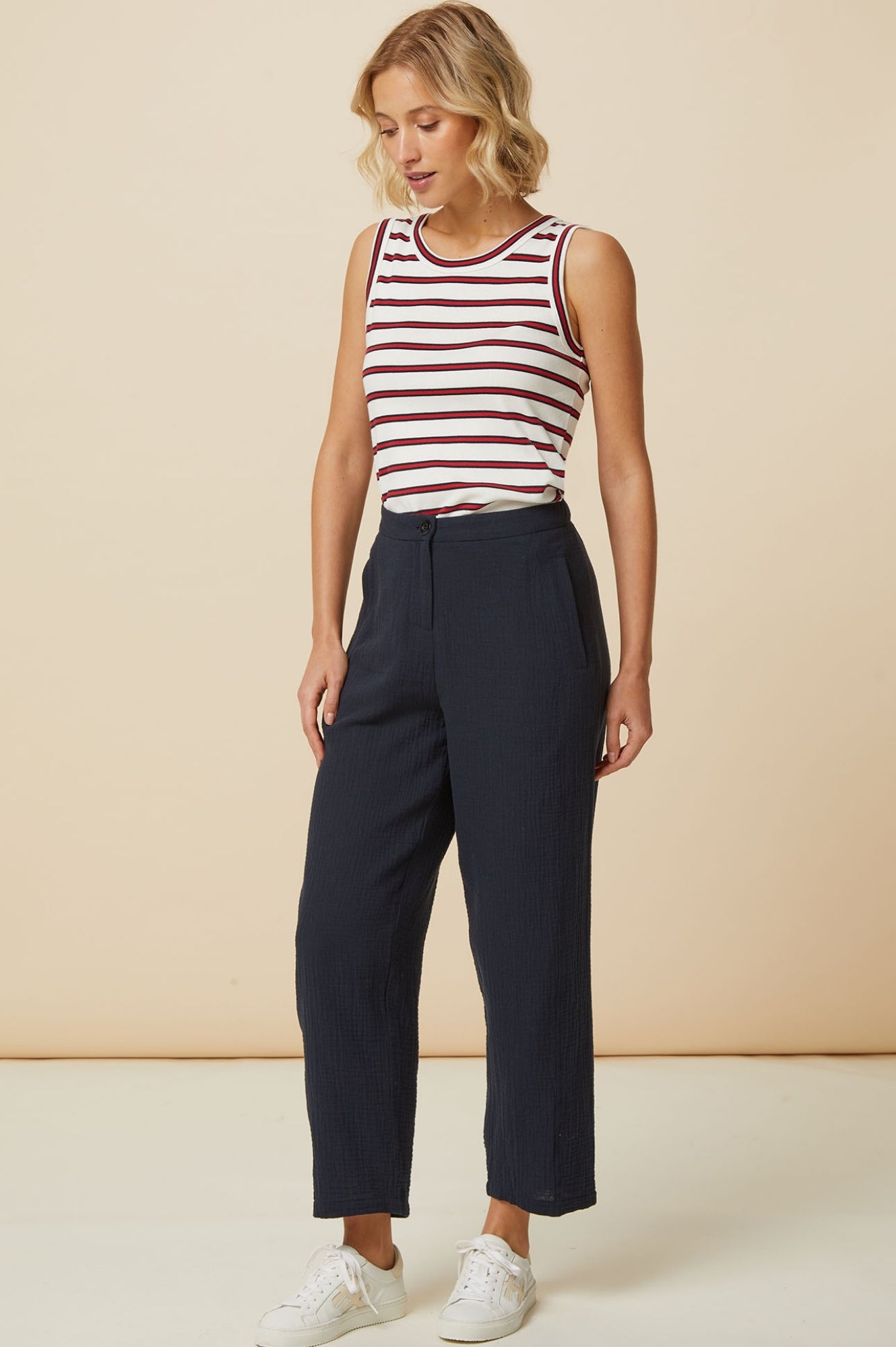 Premium Stripe Tank Top for Women - Soft Breathable Cotton, Cream/Red/Navy - Perfect for Summer, Beach, Gym & Casual Wear