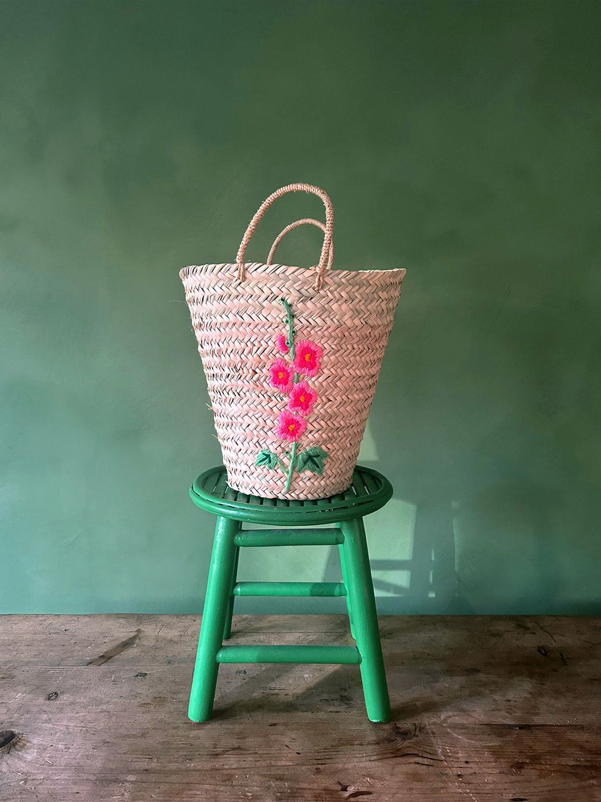 Hand Embroidered Woven Basket with Hollyhock Design - Perfect for Home Decor, Storage & Gift Giving - Boho Chic Style for Living Room, Bedroom or Nursery