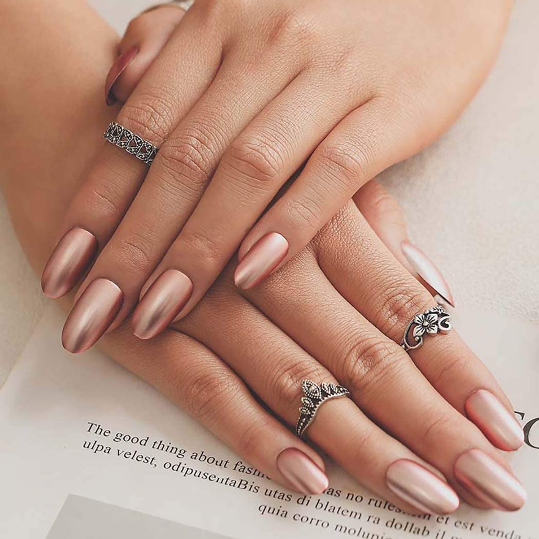 Artificial Almond Shape Bridal Fake Nails - Rose Gold Metallic Acrylic Press On Nails with Brush On Glue for Wedding, Party & Special Occasions