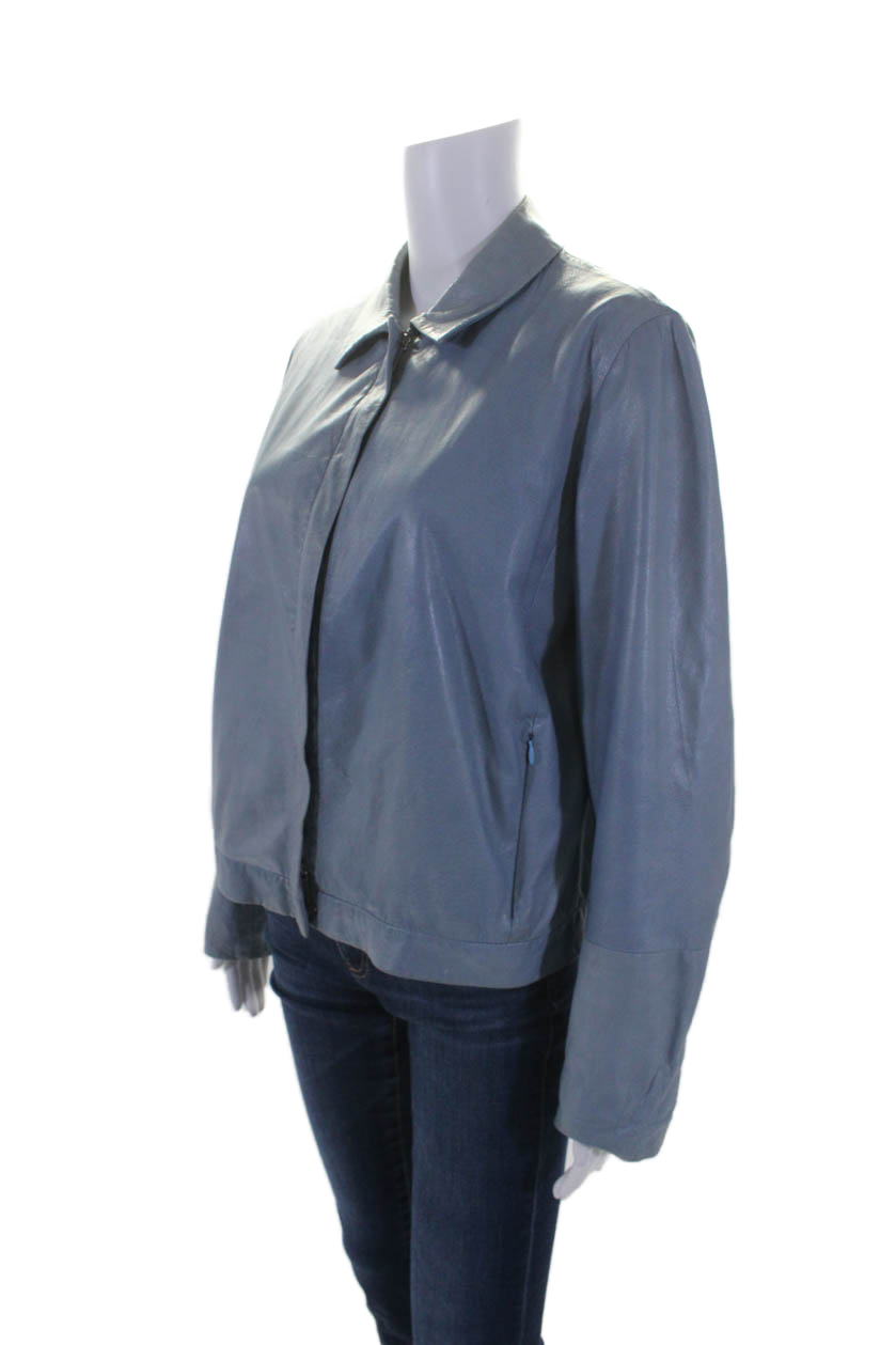 Max Mara Women's Blue Leather Jacket with Full Zipper & Long Sleeves - Perfect for Office Wear, Casual Outfits & Fall Fashion