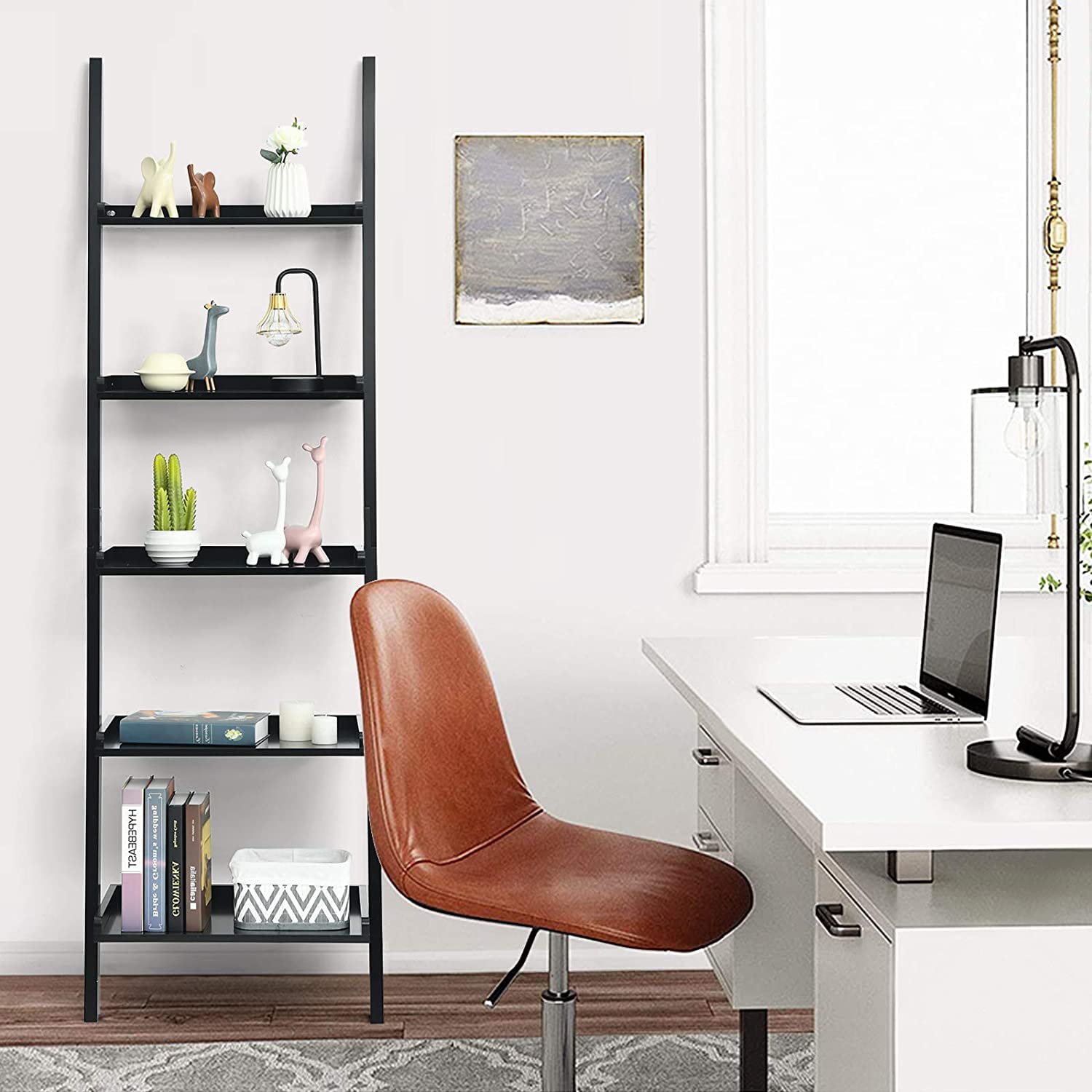 5-Tier Ladder Shelf - Rustic Wood Wall-Leaning Bookshelf & Storage Organizer for Living Room, Bathroom, Office - Perfect for Home Decor, Book Display & Space Saving (Black)