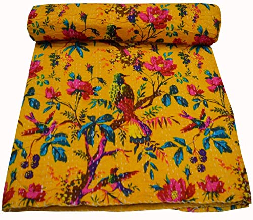 YUVANCRAFTS Indian Bird Print Kantha Quilt - Twin Size Cotton Throw Blanket & Bedspread - Vintage Boho Bed Cover in Yellow - Perfect for Bohemian Bedroom Decor, Guest Room Accent & Cozy Living Room Throw