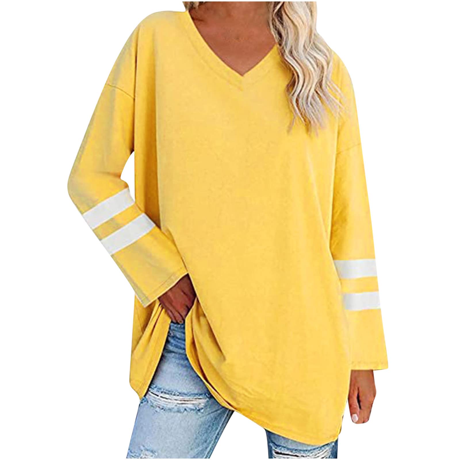 Women's Fall Striped Long Sleeve V-Neck Tunic Top for Casual Wear & Office