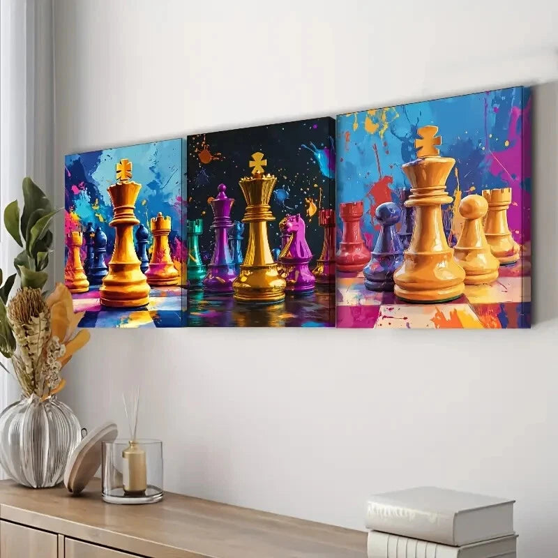 3-Piece Digital Chess Piece Wall Art Set - Framed Canvas 40x60cm | High Quality Print | 100% Australian Made | Ready to Hang | Perfect for Game Rooms, Offices & Home Decor