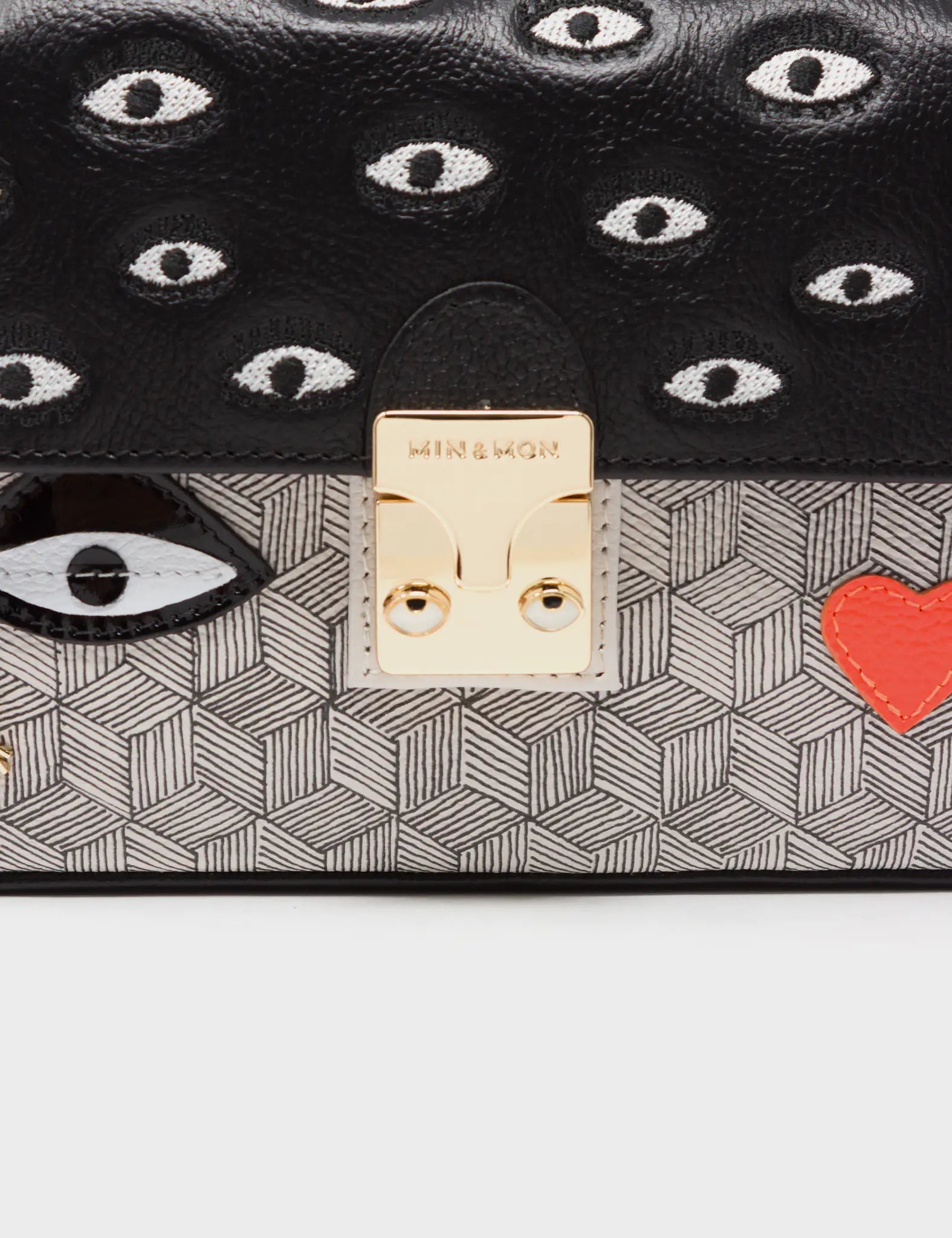 Amantis Black and Cream Leather Crossbody Mini Handbag with All Over Eyes Embroidery - Stylish Small Purse for Women, Perfect for Date Night, Parties, and Everyday Use