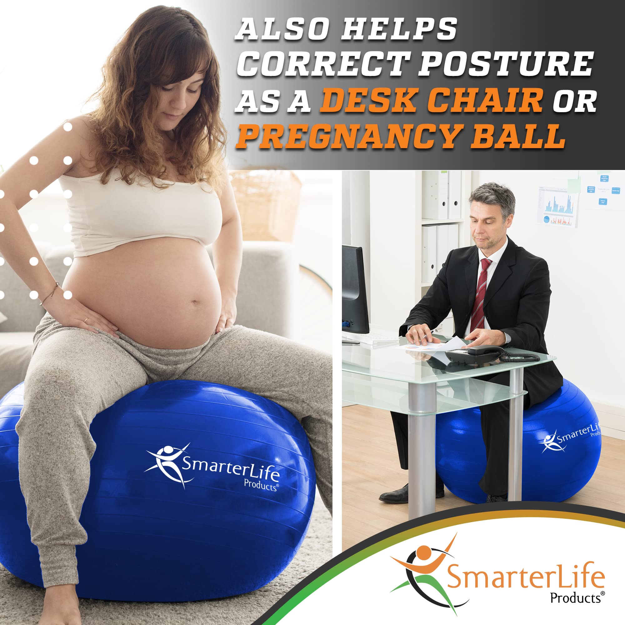 SmarterLife Exercise Ball - Anti-Burst Yoga Ball for Fitness, Core Workout, Balance Training & Physical Therapy | Pregnancy Support, Office Yoga Ball Chair | Non-Slip Stability Ball for Home Gym, Pilates & Postnatal Recovery