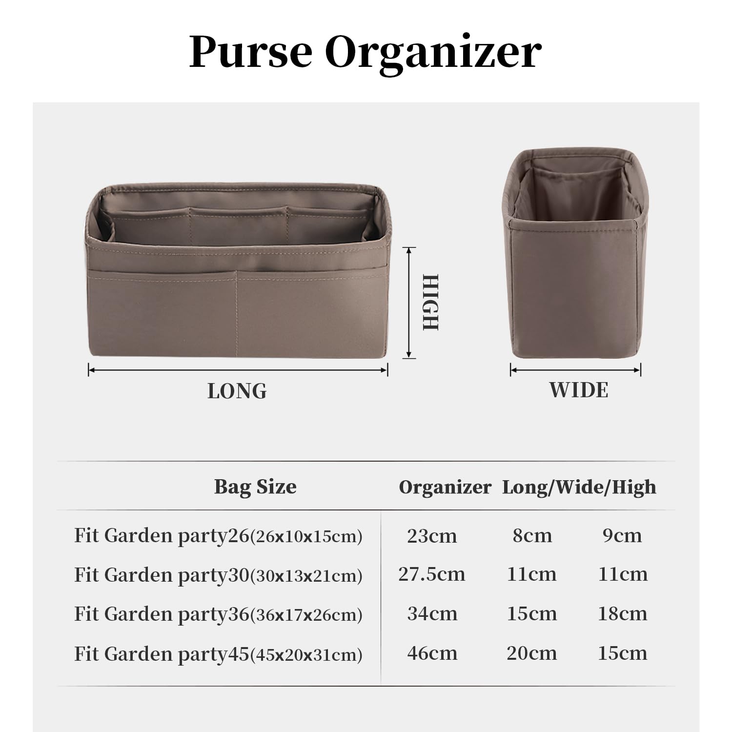Hermes Garden Party 30 Bag Organizer - Silk Fabric Insert with Pockets for Luxury Totes (Etoupe Grey) - Perfect for Travel & Work