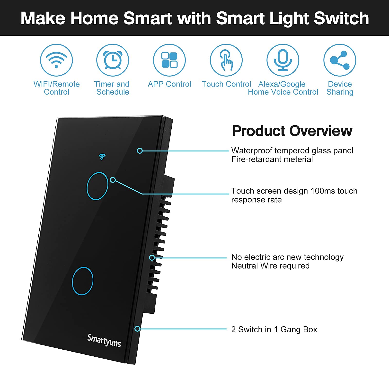 WiFi Smart Light Switch 2 Gang - US Standard Touch Panel Wall Switch with Timer, Single Pole, Tempered Glass (Black) - Perfect for Smart Homes, Bedrooms & Living Rooms