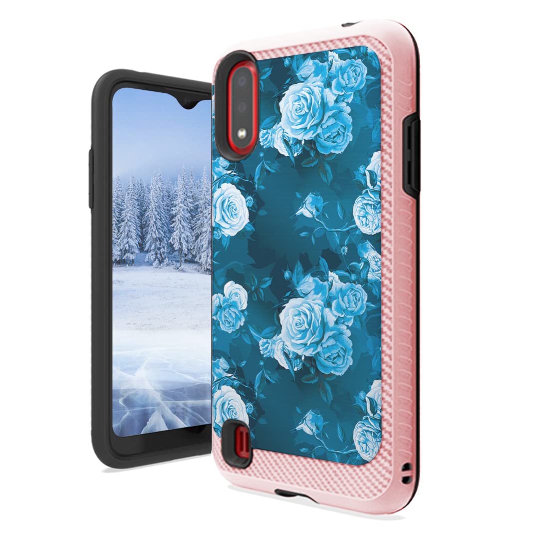 Cute Heavy Duty Phone Case for Samsung Galaxy A01 - Girly Style Light Pink & Black with Rose Design | Perfect for Women & Girls Daily Use