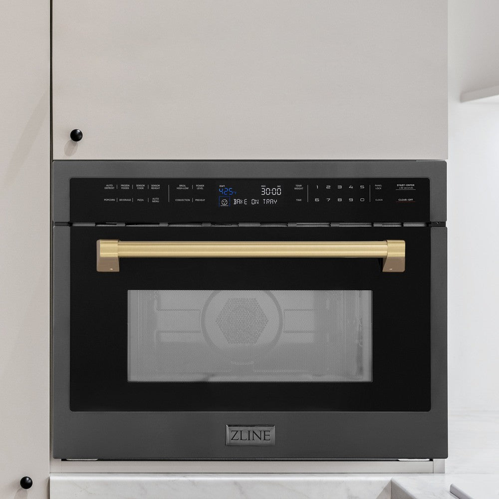ZLINE Autograph Edition 24-Inch Built-In Convection Microwave Oven - 1.6 cu ft Capacity, Black Stainless Steel with Champagne Bronze Accents (MWOZ 24 BS CB) - Perfect for Modern Kitchens & Small Spaces