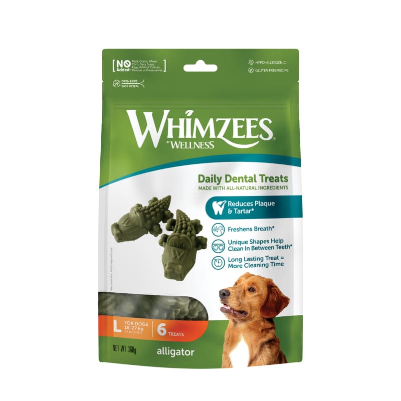 Whimzees Alligator Natural Dental Dog Treats 360g - Grain Free, Vegan Chews for Small, Medium & Large Dogs - Promotes Oral Health & Fresh Breath - Perfect for Training, Rewards & Teeth Cleaning