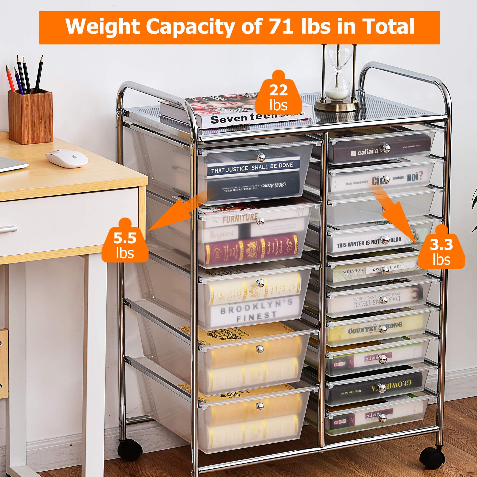 HAPPYGRILL 15-Drawer Rolling Storage Cart with Wheels - Organizer for Tools, Office, School & Craft Supplies - Portable Utility Cart for Home, Office & Classroom Organization