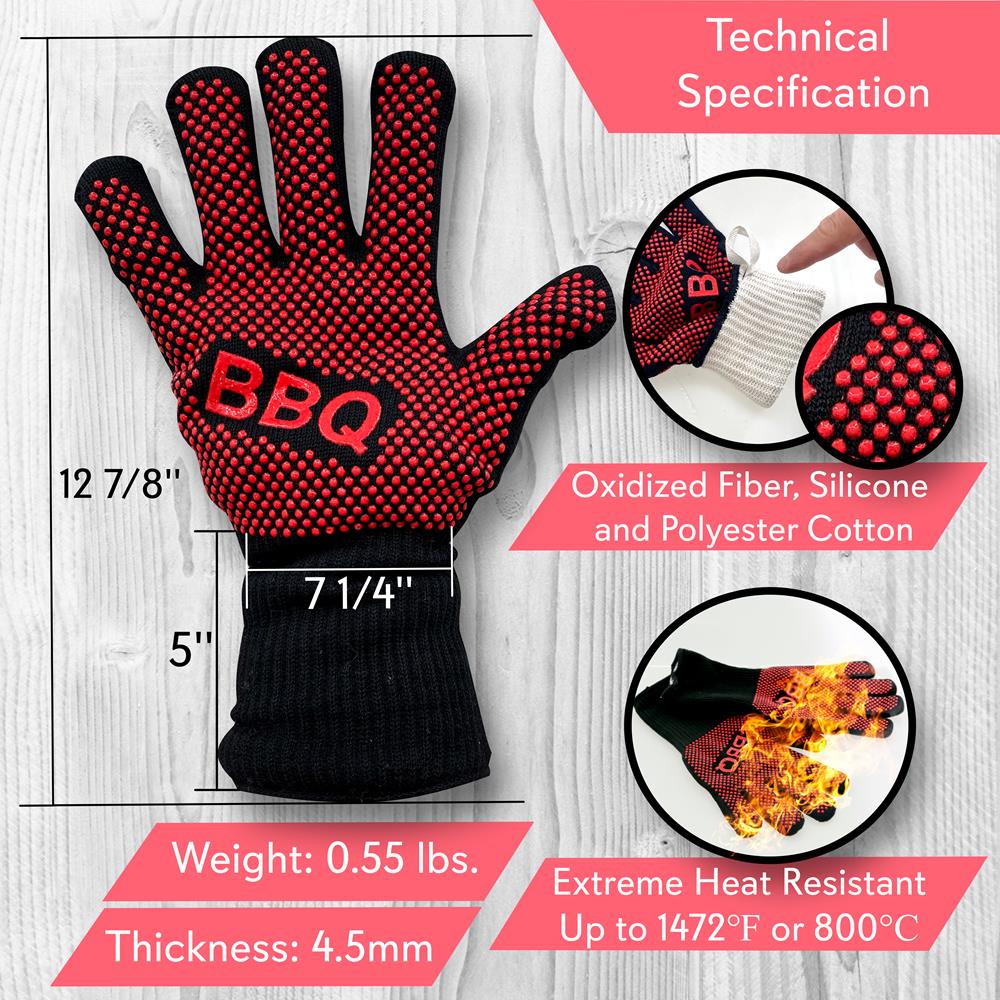 Heat Resistant BBQ Grill Gloves - Heavy Duty Oven Mitts for Grilling, Smoking & Cooking - Extra Long Protection for Hands & Forearms - Perfect for Outdoor BBQ, Camping & Kitchen Use