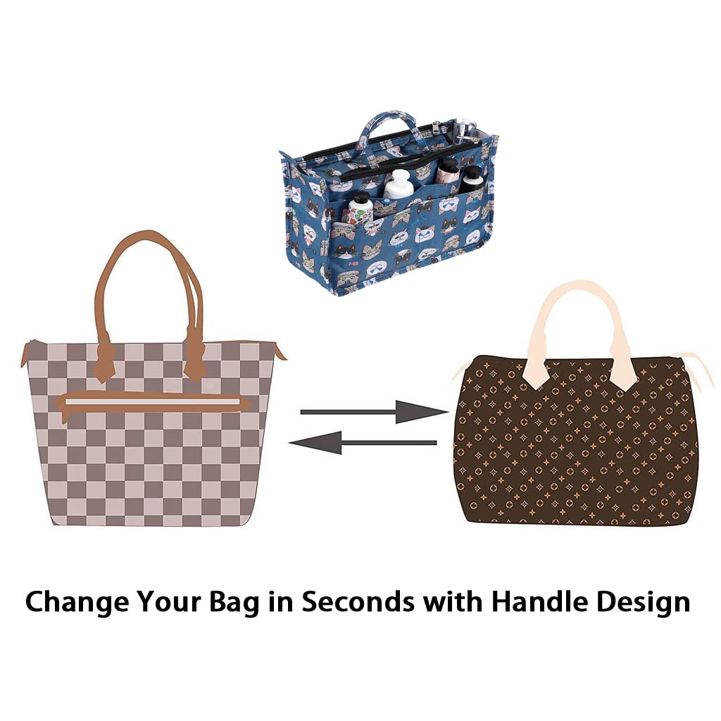 BTSKY Handbag Organizer Insert - 13 Pocket High Capacity Purse Organizer with Handle for Tote Bags | Perfect for Travel, Work, and Everyday Use (Cat Print Design)