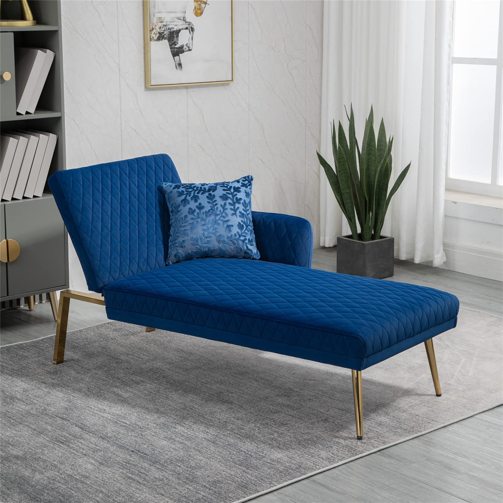 Modern Velvet Chaise Lounge Sofa with Adjustable Backrest & Gold Legs - Comfy Upholstered Loveseat with Pillow for Living Room, Bedroom & Home Office (Navy Blue) - Perfect for Relaxing, Reading & Small Space Decor