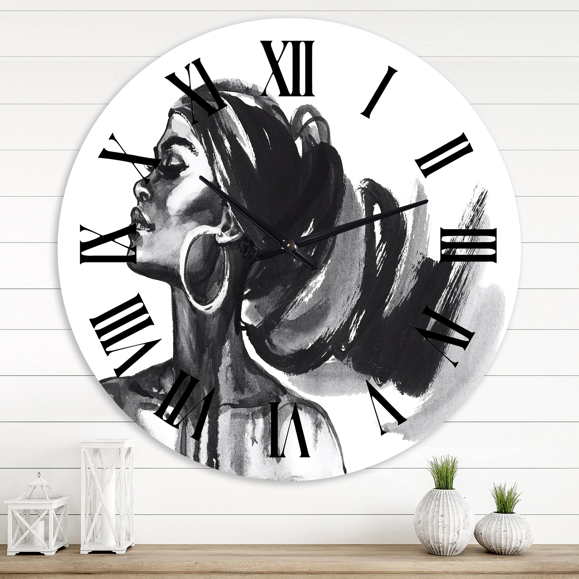DesignQ Modern Wall Clock - Monochrome Portrait of African American Woman IV - Large Decorative Wall Clock for Living Room, Bedroom & Office - Unique Home Decor & Gift Idea