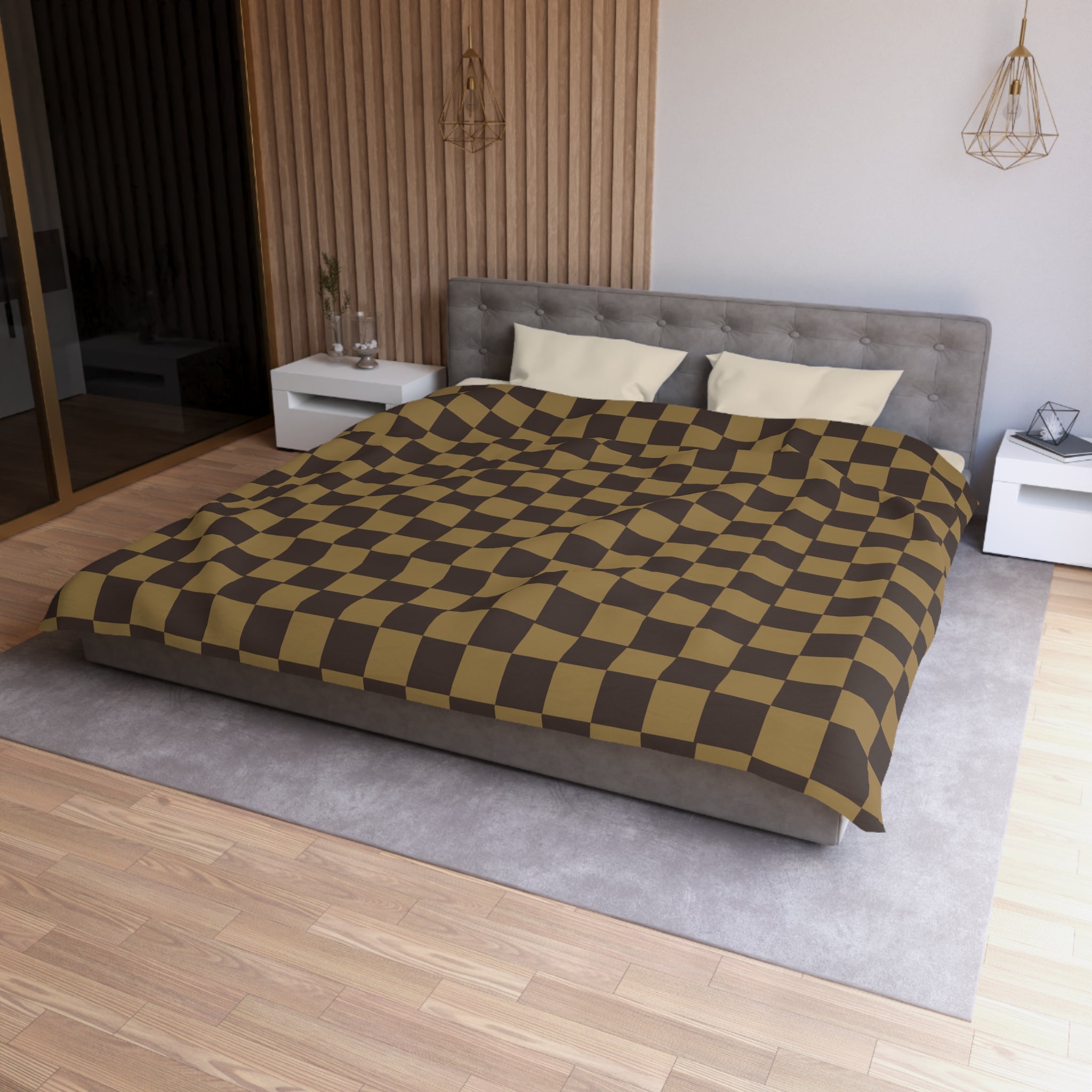 LV-Inspired Checkered Brown Microfiber Duvet Cover Set - Queen, King, Full, Twin Size - Soft Luxury Bedding for Modern Bedroom Decor