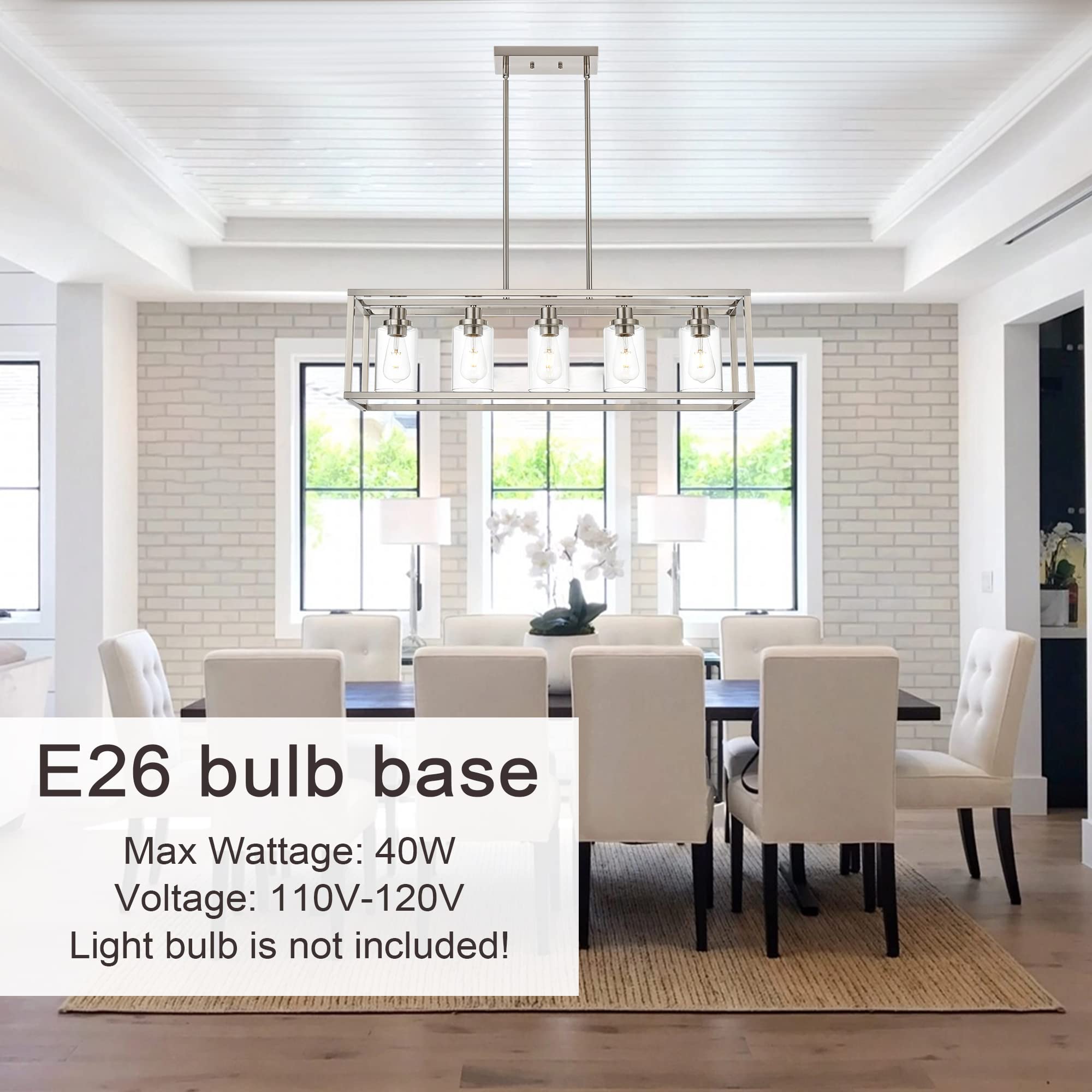 MELUCEE 5-Light Modern Brushed Nickel Pendant Light - Clear Glass Shade Contemporary Chandelier for Dining Room, Kitchen Island, Living Room & Bedroom | Elegant Hanging Lighting Fixture for Home Decor