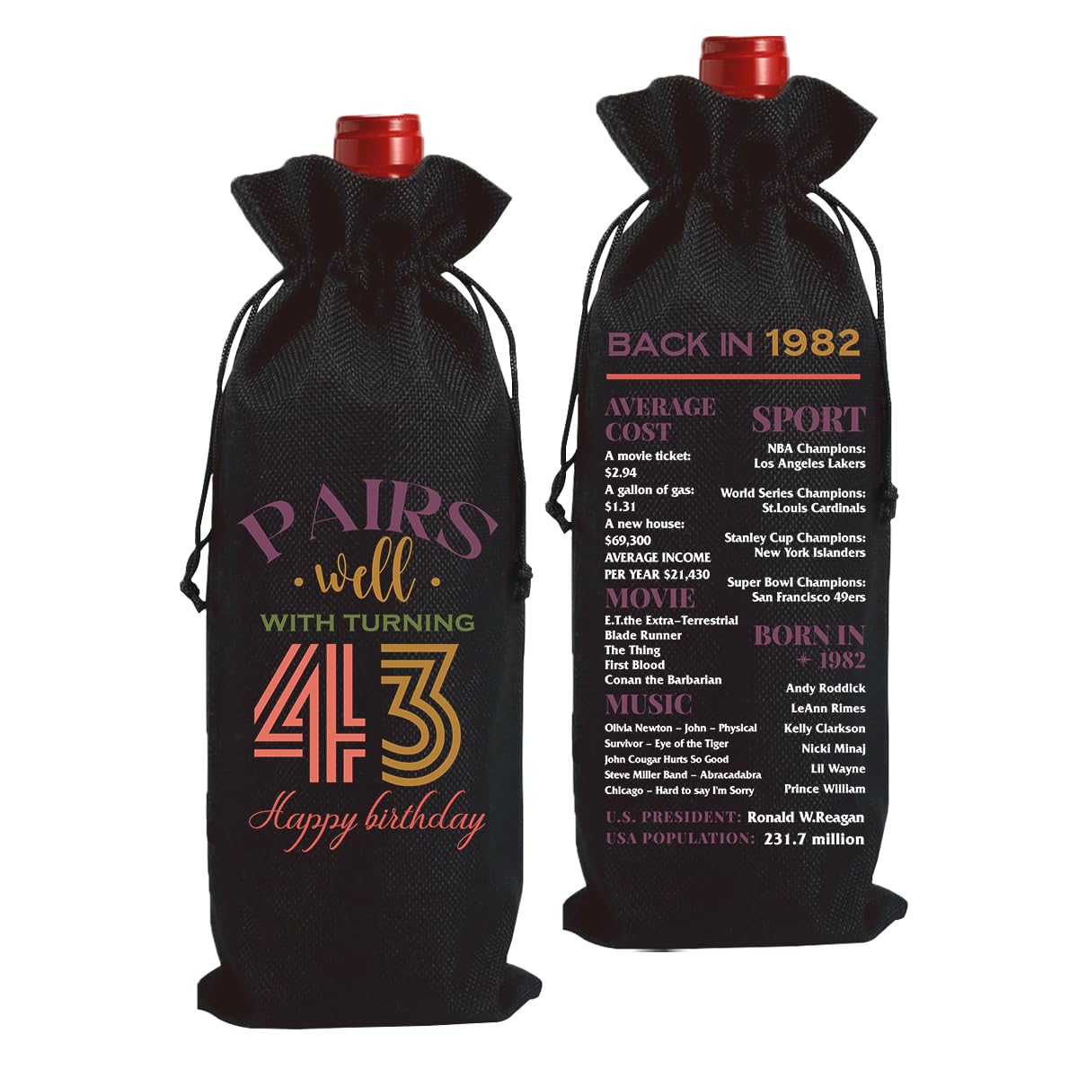 Funny 43rd Birthday Wine Gift Bag for Women & Men - 43 Year Old Birthday Present, Anniversary Party Decor - Born in 1982 Black Wine Bottle Bag (2025) - Perfect for Birthday Celebrations, Wine Lovers & 1982 Nostalgic Gifts