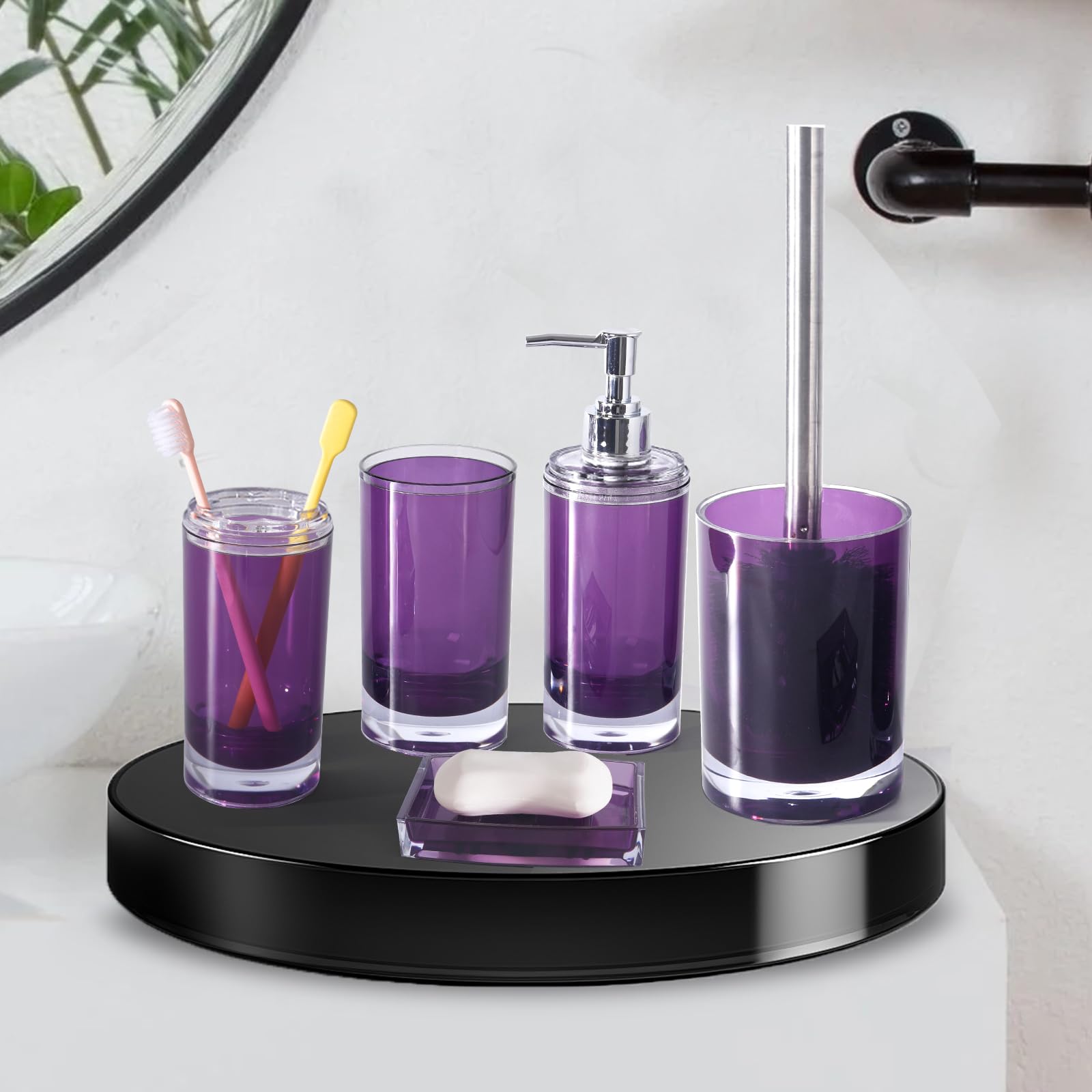5-Piece Dark Purple Acrylic Bathroom Set - Soap Dispenser, Soap Dish, Toothbrush Holder, Tumbler & Toilet Brush with Holder | Modern Bathroom Decor & Housewarming Gift | Perfect for Guest Bathrooms, Master Suites & Spa-Inspired Home Decor