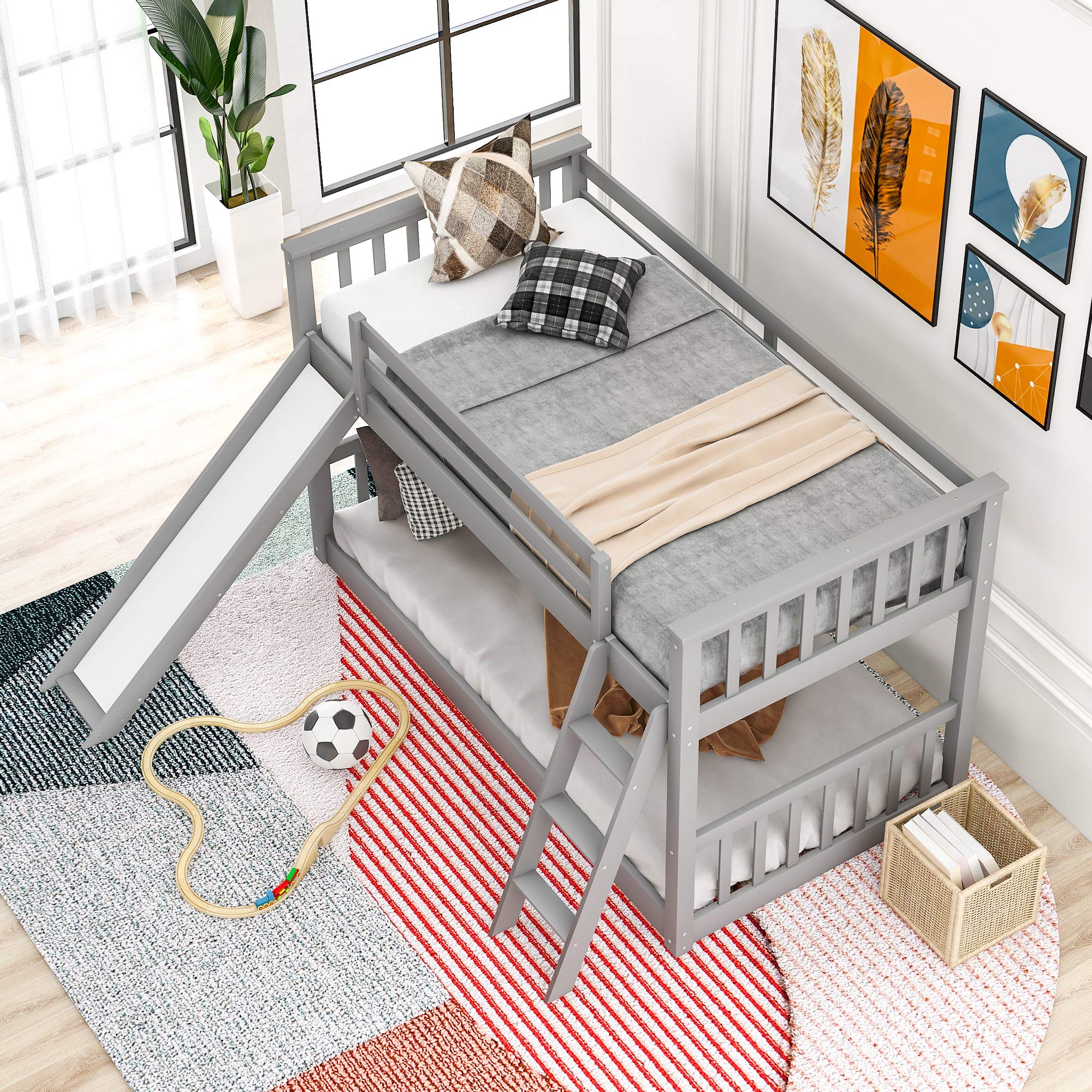 Twin Over Twin Bunk Bed Frame with Slide & Ladder - Low Profile Kids Bunk Bed with Safety Guardrail - Space Saving Gray Bedroom Furniture for Small Rooms & Shared Kids Bedrooms