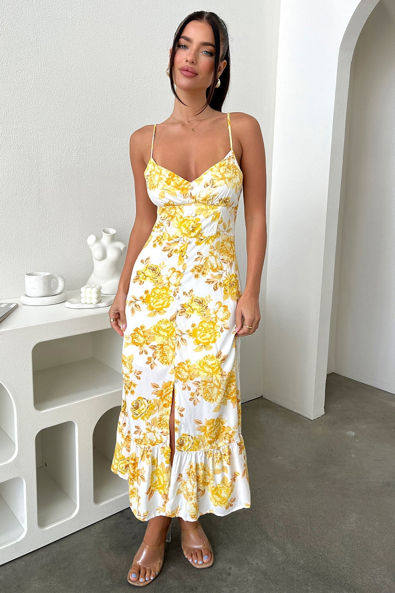 Dilara Women's Maxi Dress - Yellow Floral Print Summer Casual Sundress for Beach, Vacation & Outdoor Activities