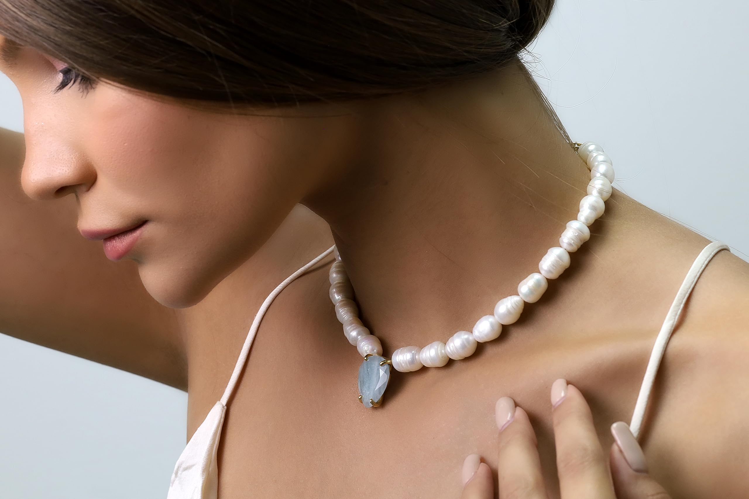 14k Gold Beaded Pearl Necklace - March Birthstone Pendant for Bridal & Party