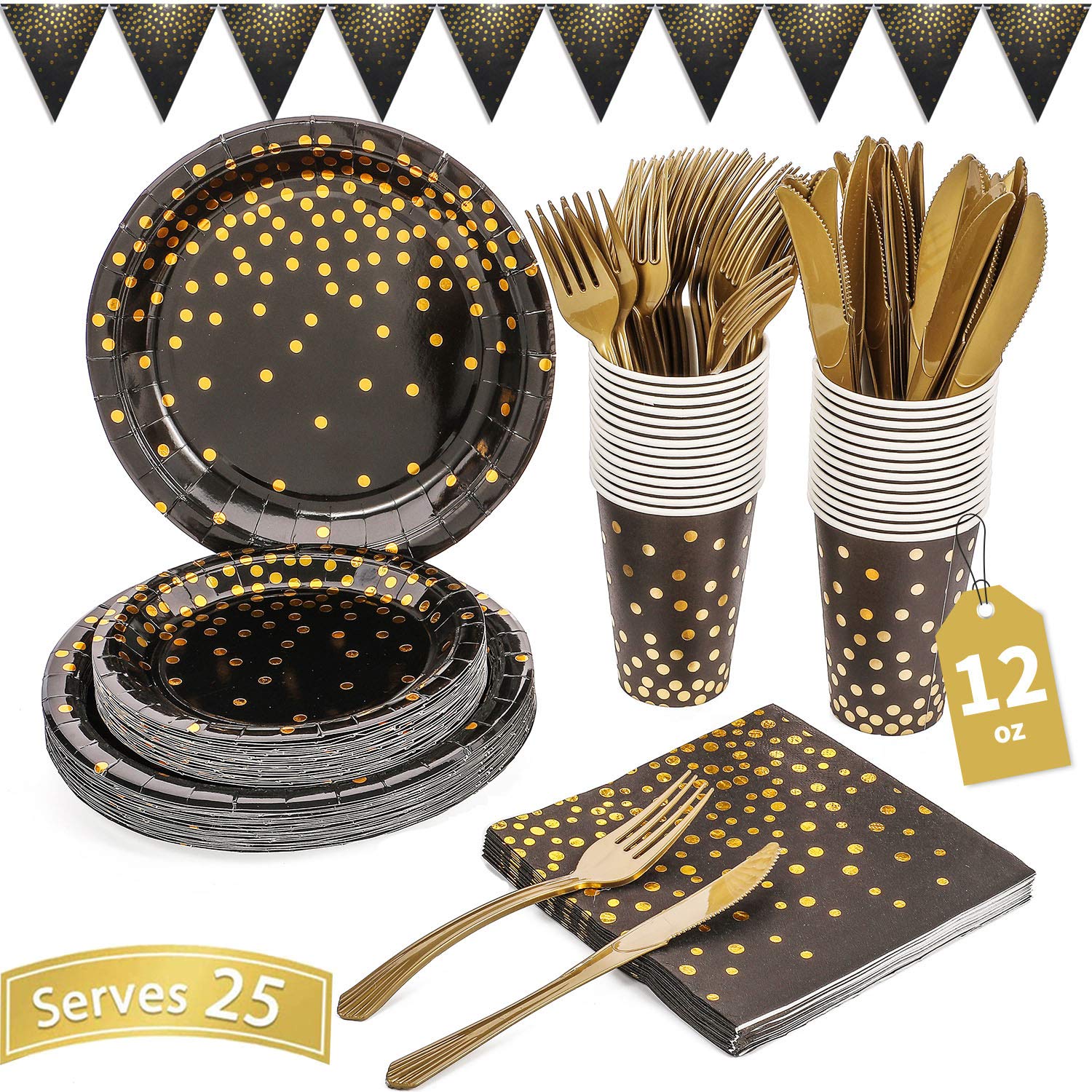 DUOCUTE 150PCS Black and Gold Party Supplies Set - Elegant Golden Dot Paper Dinnerware Includes Plates, Napkins, Cutlery, 12oz Cups & Banner - Perfect for Graduation, Birthday, Cocktail Party (Serves 25) - Ideal for Elegant Celebrations, Wedding Receptions & Holiday Gatherings