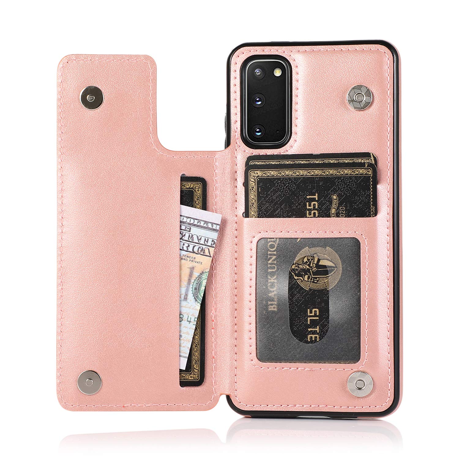Samsung Galaxy S20 Wallet Case with Card Holder & Kickstand - PU Leather Flip Cover with Pockets for 6.2 Inch Samsung S20 (Rose Gold) - Perfect for Daily Use, Travel & Hands-Free Viewing
