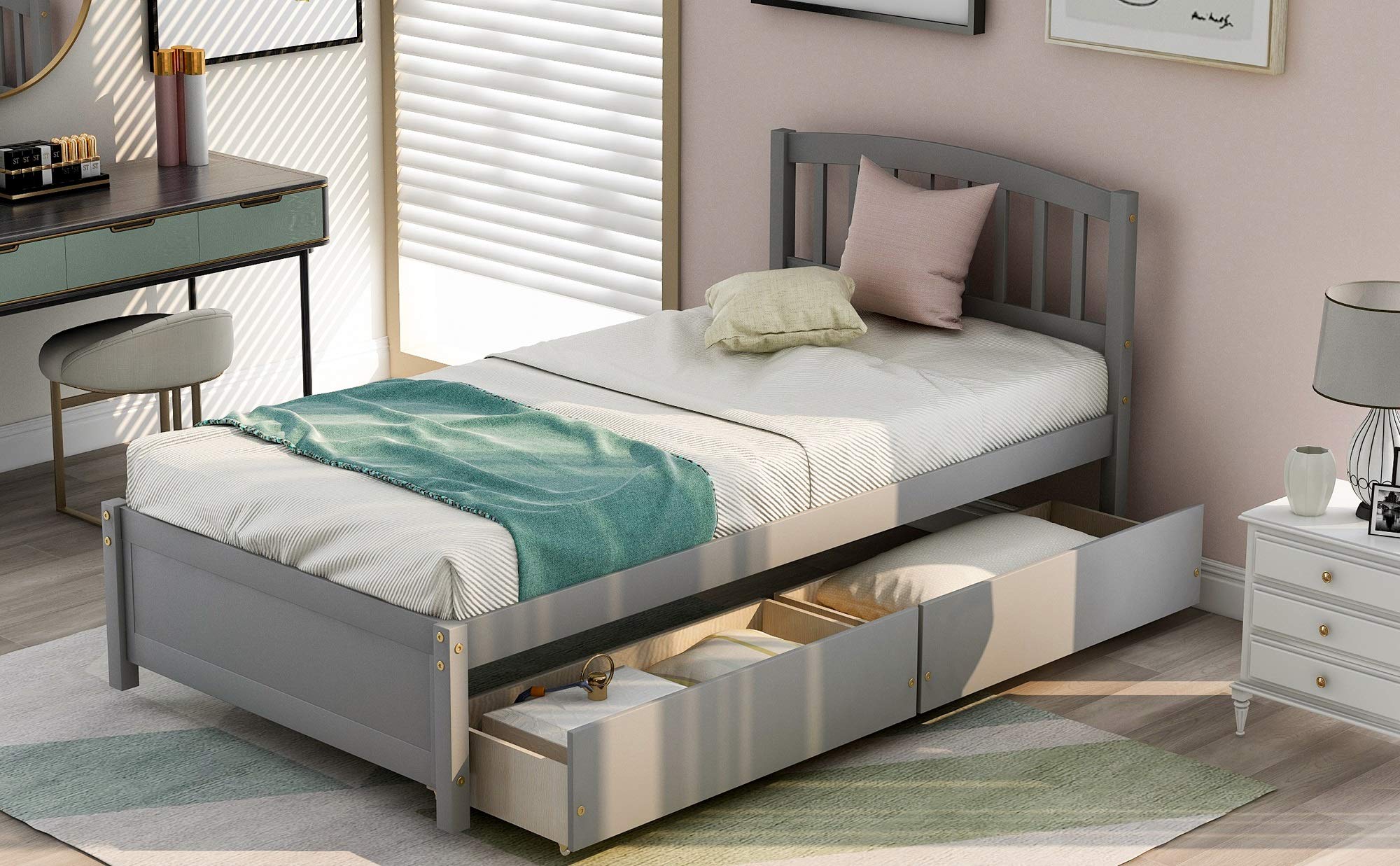 Danxee Grey Wooden Platform Bed Frame with Headboard & Underbed Storage - Twin Size Captain Bed for Small Spaces, Kids Room & Guest Bedroom - Sturdy Wood Bed Frame with Hidden Storage Compartments