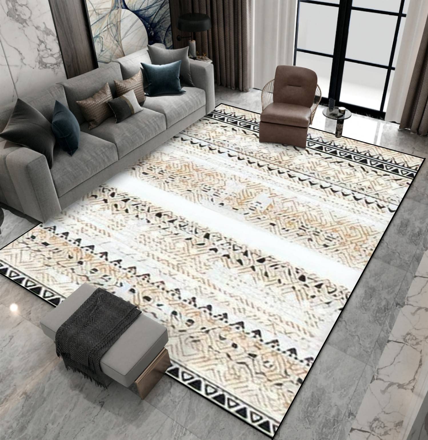 Non-Slip Area Rug - Rustic Distressed Abstract Stripe Design in Camel, Black & White - Indoor/Outdoor Living Room, Bedroom, Kids Room Carpet - Perfect for Home Decor, Yoga Mat, Patio Floor & Entryway Doormat